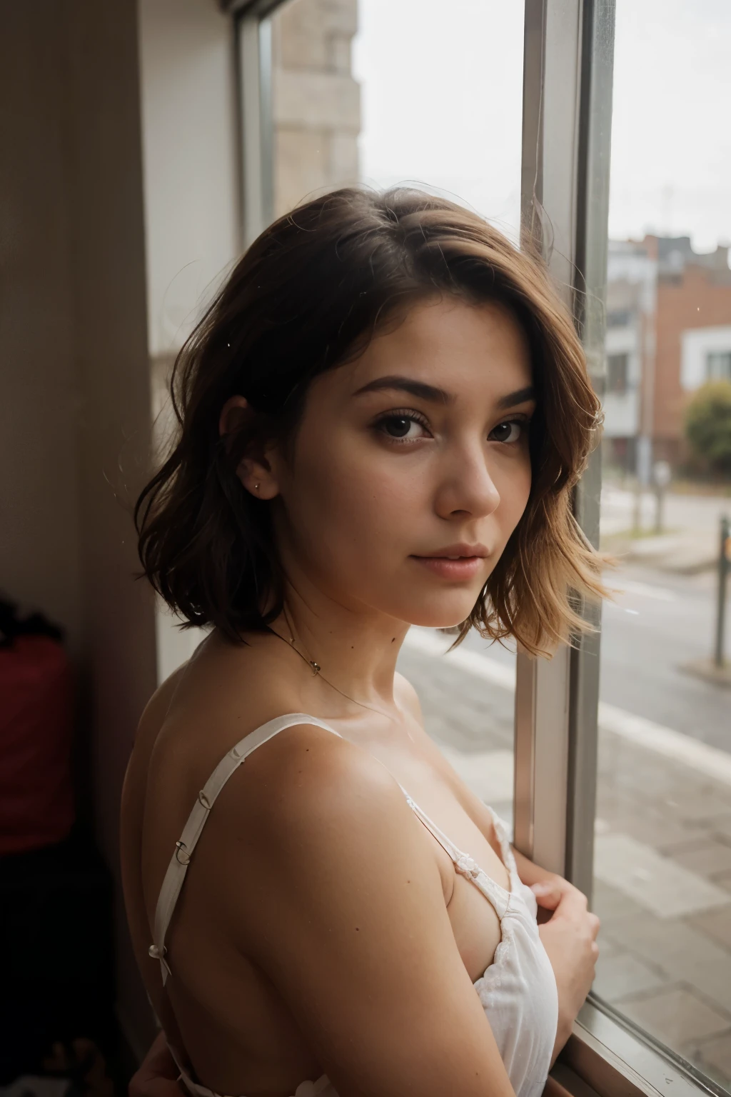 chica mirando por la ventana, mientras el viento golpea su hermoso cabello