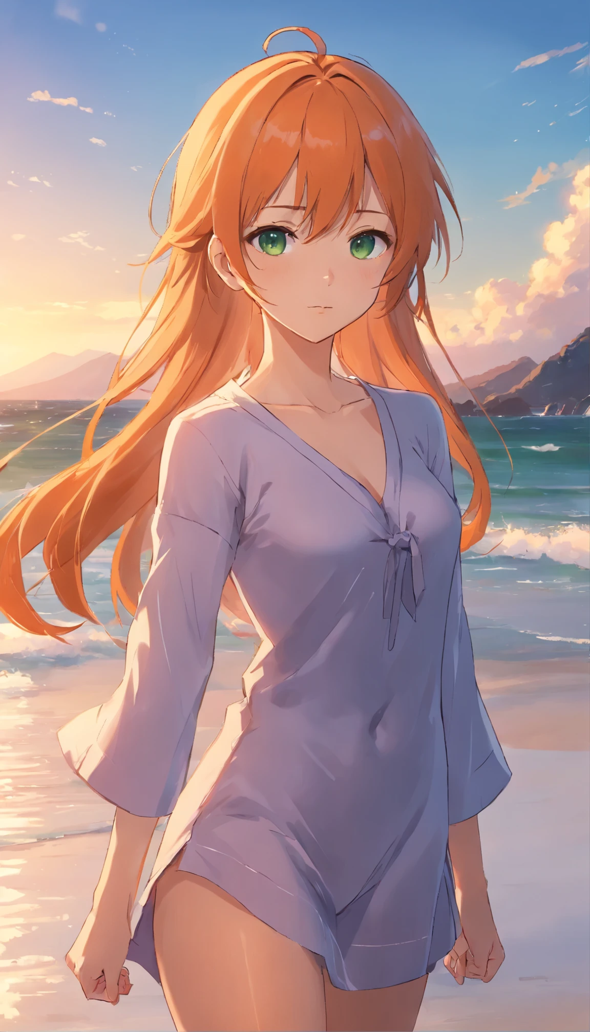 Anime girl with long orange hair, standing on the beach near the ocean, green eyes detailed digital anime art, anime girl with long hair, гладкое аниме cg art, anime girl with long hair, digital anime art, work in Guweiz style, Beautiful anime portrait, Photorealistic render of an anime girl, pantyhose, Beautiful anime girl, advanced digital anime art, guweiz на artstation pixiv HD UHD HQ
