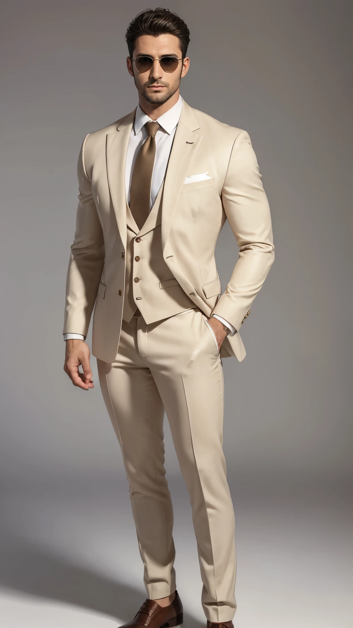 ((masterpiece,best quality,8k,highres)),((character concept art)), 1 male, mature male, Marco Rossi, 33 years old, 185 cm height, (dark short hair), dark hair, (olive skin colour), ultra finely detailed eyes (deep brown eyes colour), protective, strong, determined, perfect body build ((muscular)), ((intricate detail)), super finely detailed hands, ultra finely detailed fingers(((ten fingers))), wearing white French-cuffs dress shirt with beige linen blazer and tailored wool dress pants sunglasses (standing with confidence), (full body showcase), ((show full body)), (no logos on background), (no logo), ((plain background)), ((plain background)), (((empty background)))