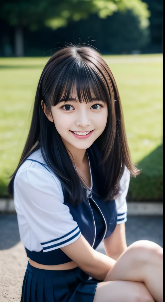 Close-up of a woman posing for a photo, japanese model model,  female model, 4k、bangs、black haired、beaver、middle hair、straight hair、(white shirt, crew , dark blue pleated skirt:1.2)、glossy lips,、beautiful girl、(Super cute face with idol style:1.2)、slim and beautiful body、beautiful breasts、laughter、full body esbian、The background is an empty park、beautiful feet、