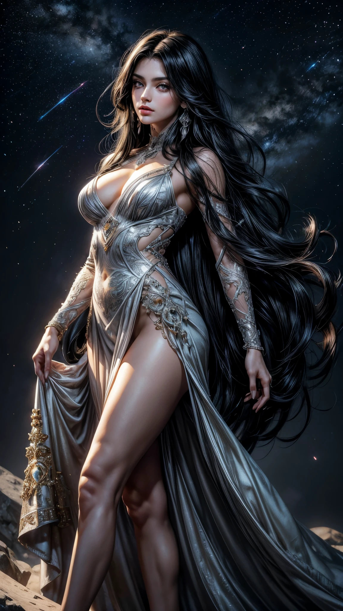 "(((obra-prima))), melhor qualidade, ultra-detallhado, High resolution CG image with a beautiful woman with long black hair with bright violet eyes like detailed constellations, retratados em detalhes fascinantes. rosto delicado, lips closed, boca fechada (Dutch angle), rosto avermelhado, His delicate body is accurately represented at every angle. Ela possui longos cabelos preto que caem suavemente sobre seu vestido. The upper part of his body is sculpted to perfection. " detailed face, detailed eyes, full body