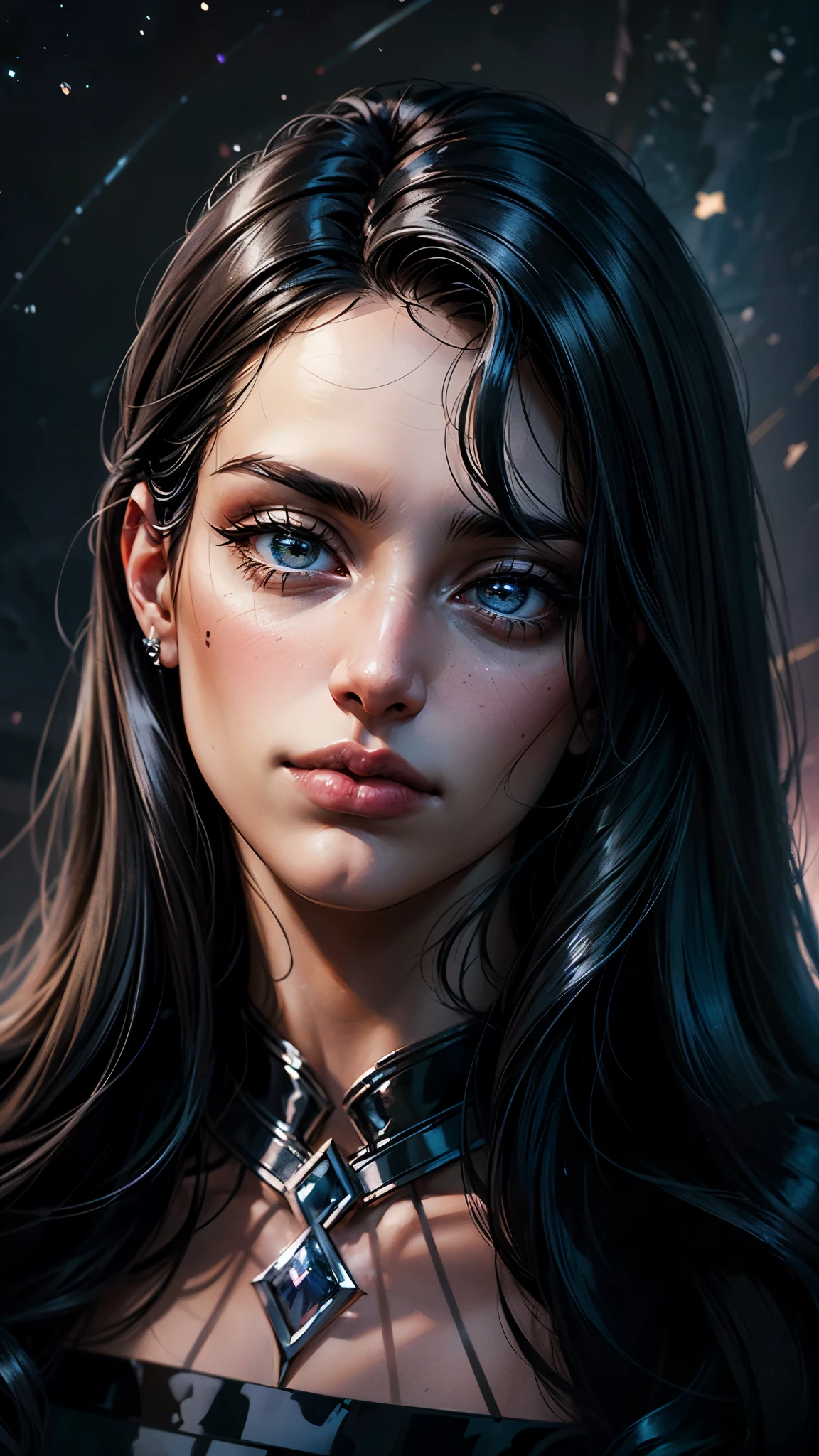 High resolution CG image with a beautiful woman with long black hair with bright violet eyes like detailed constellations, retratados em detalhes fascinantes. rosto delicado, lips closed, boca fechada (Dutch angle), rosto avermelhado, His delicate body is accurately represented at every angle. Ela possui longos cabelos preto que caem suavemente sobre seu vestido. The upper part of his body is sculpted to perfection. " detailed face, detailed eyes, full body