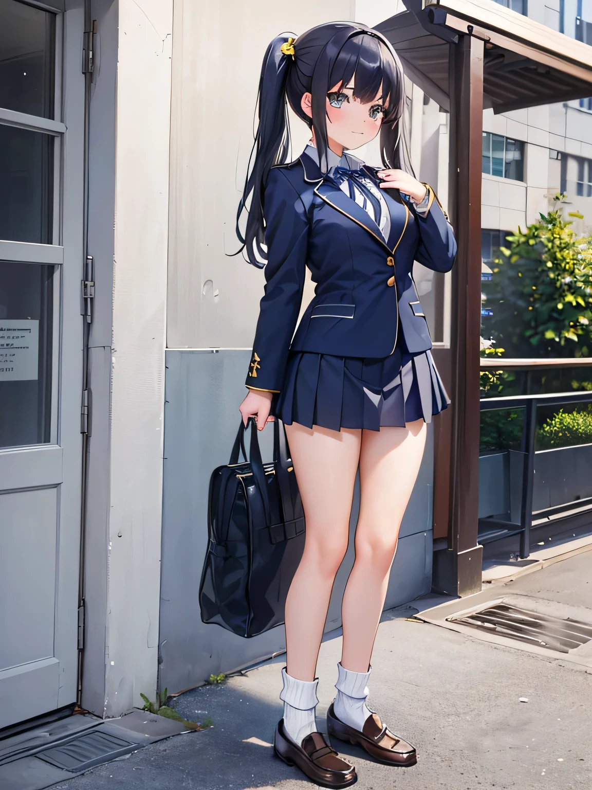 (1) There is a high school girl with beautiful legs., (She lifts up her skirt to show off her beautiful bare legs and panties:1.5), 
(2) (Schoolgirl standing:1.5), I&#39;Iは立って彼氏にパンツを見せています,
(3) A high school girl wearing a white collared shirt underneath.、(in addition, He is wearing a navy blue uniform blazer.:1.5)、The skirt is a mini version of the gray uniform skirt..、(I am wearing loose socks on my feet.:1.5), (She wears loafers:1.5)、
(4) The visible pants are simple white cotton.., 
(5) The high school girl has short brown twintails.., shining eyes, A provocative grin,
(6) The location is the high school courtyard.., 
(7) highest quality, High resolution, realistic pictures, realistic skin,