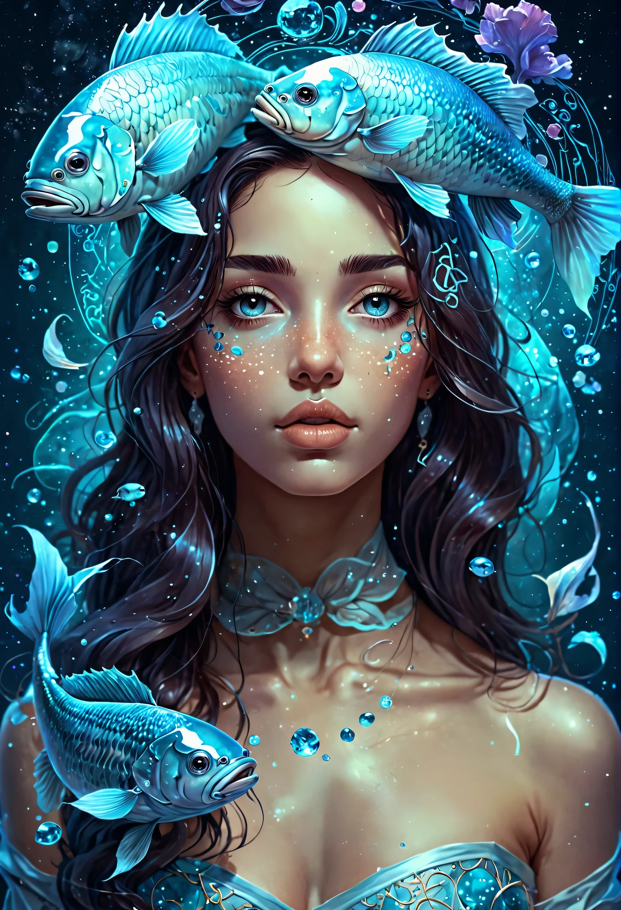 "Representation of the zodiac sign Pisces in the form of a woman.: fantastic art in high definition (8K) con tonos oscuros de colores, cabello largo, ojos grandes y brillantes, elements that identify Pisces as the fish or symbols related to this zodiac sign." mujer, chica cute, mujer, mujer. quen