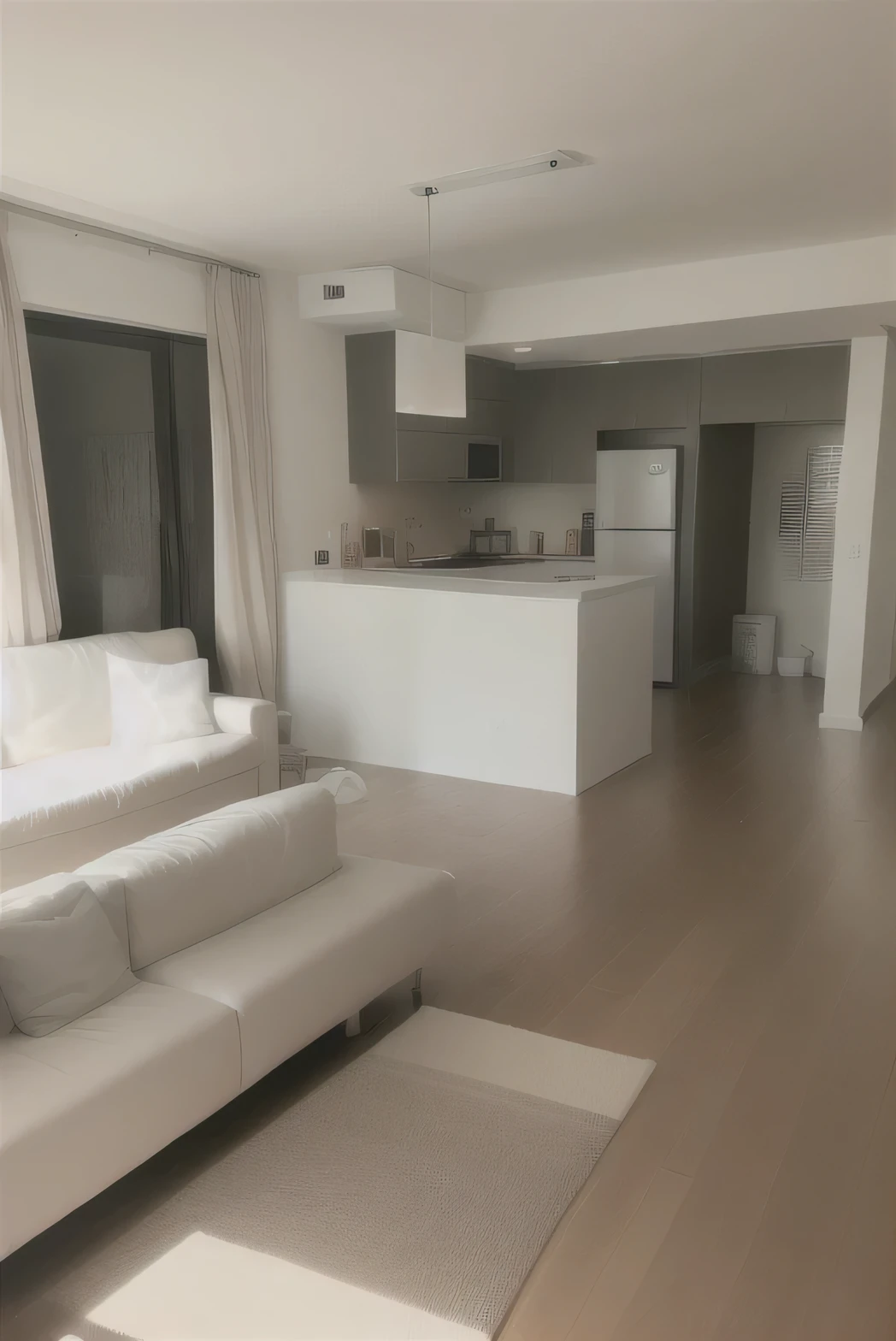 Sala de estar de apartamento pequeno de luxo, com piso de madeira, moveis brancos e planejados, encaixados na parede, tapete liso cinza