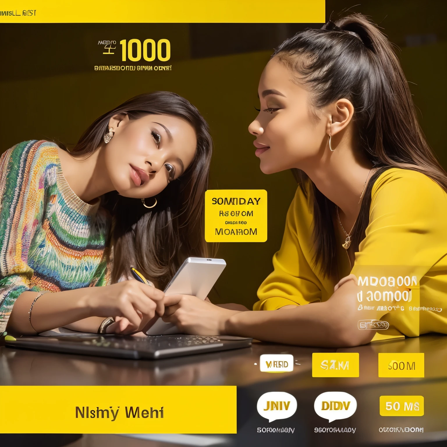 ((Vibrant, high-definition, square design: 1.1)), Yellow background: 1.0, "10gb for 2k": 1.3, Flexible plan: 1.2, ("500 MB per day for 5-days in a week": 1.4), ("4 weeks in a month": 1.3), Contact information: 1.0, ("08105872576 via WhatsApp": 1.2), ("For MTN users only": 1.1)

With a captivating and modern look, this graphic design showcases the offer's key details against a bright and