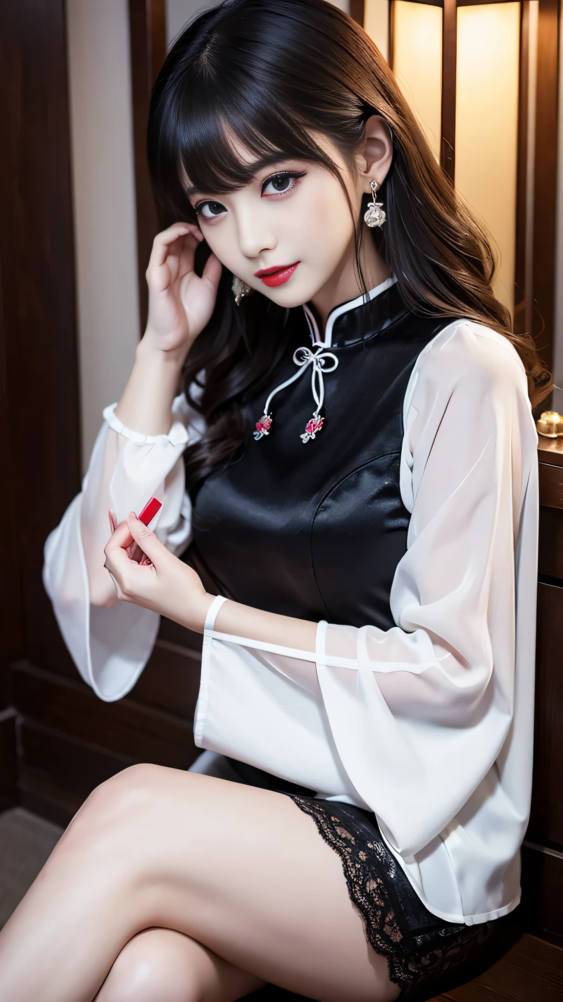 there is a woman sitting on a couch with a purse, smooth white tight clothes suit, with acient chinese clothes, Cheongsam, Loli, (Digital art), trending on cgstation