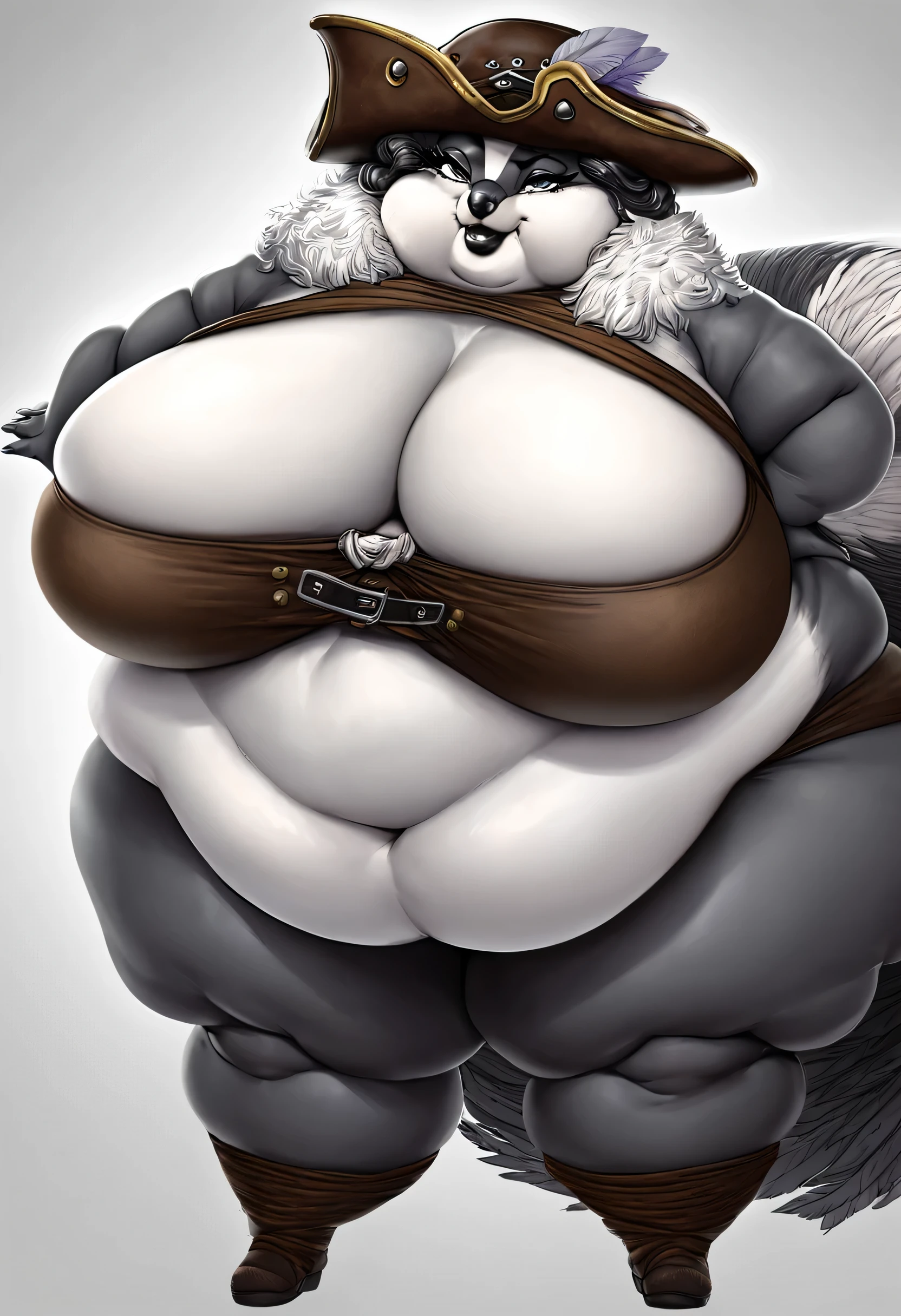 (best quality,highres:1.2),studio lighting,extremely detailed obese female humanoid skunk pirate,prominent facial features,long eyelashes,piercing eyes,defined nose,detailed lips,expressive eyebrows,fierce expression,overweight body,curvy figure,abundant fat rolls,heavy belly,large bosom,pudgy arms,thick legs,bulging thighs,wearing torn pirate attire,pirate hat adorned with feathers,female humanoid skunk, black and white fur