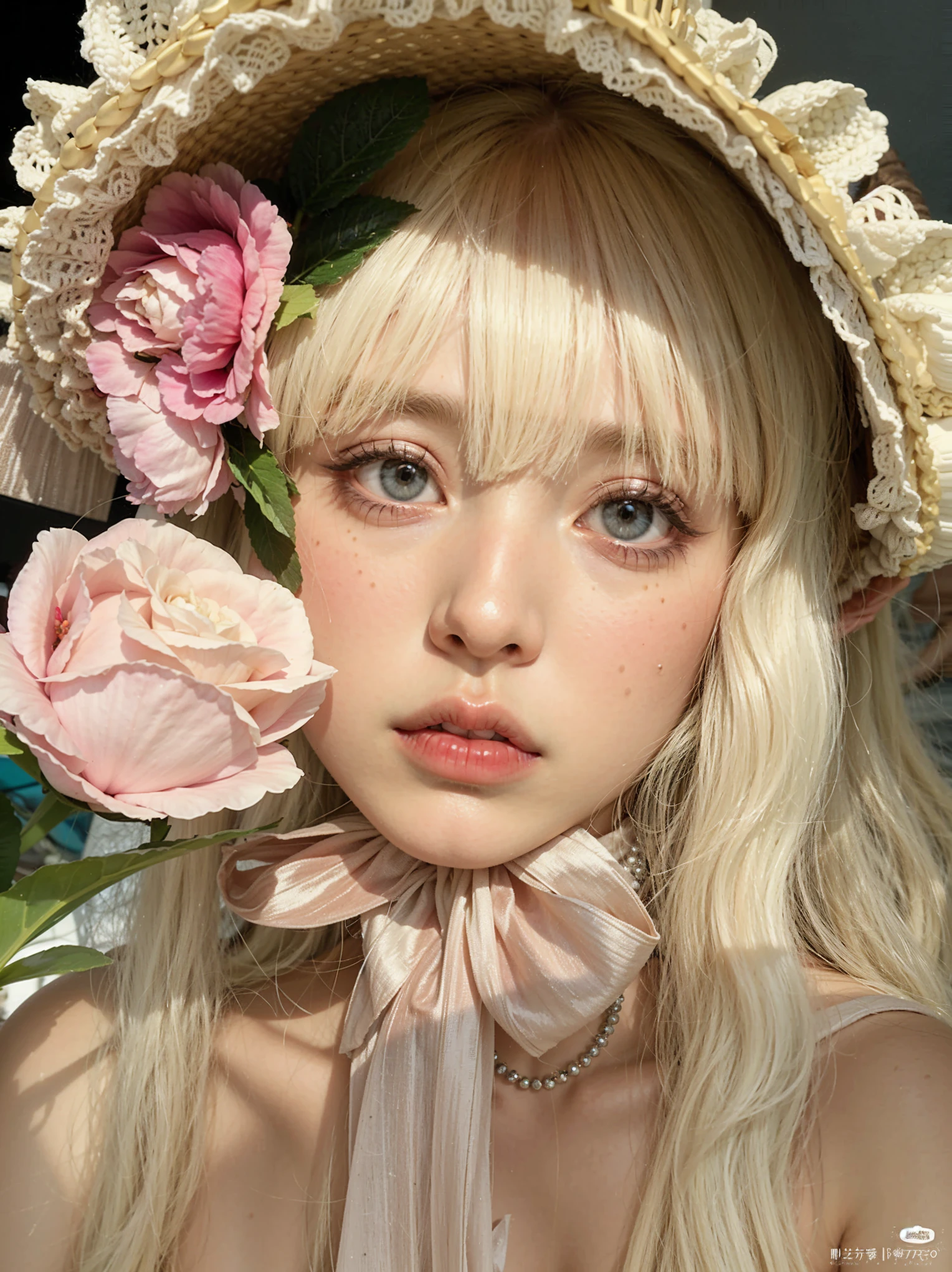 chica rubia con sombrero y una flor en el pelo, ulzzang, retrato realista kawaii, beautiful pale makeup, bella delfina, pale porcelain white skin, hada, aesthetic portrait, sakimichan, pale milky white porcelain skin, peinado de corte hime blanco, pale porcelain skin, pale ivory skin, hermoso rostro estetico, pale, shiny skin, jointed doll