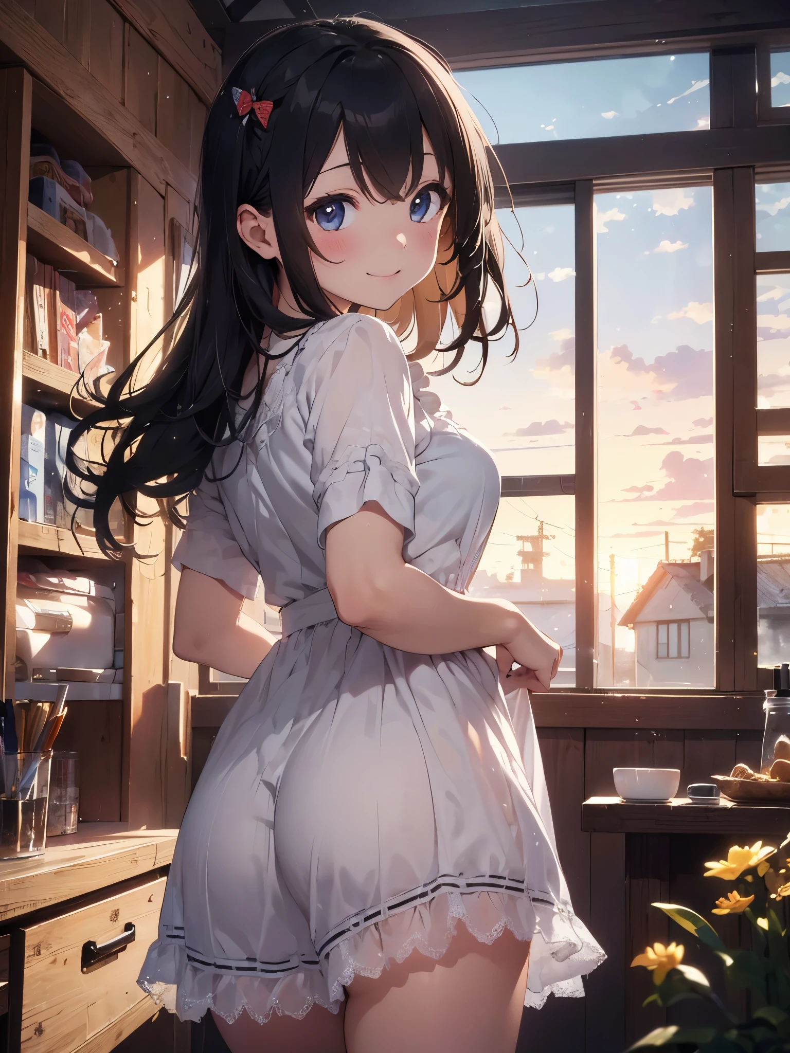 very cute and beautiful girl standing near the window,(White plaid summer dress with detailed ruffles),No sleeve,Fine lace,(skirt lift,white panties), (very detailed美しい顔),grassland,wooden floating cottage, cowboy shot,(smile),blush,looking at the viewer、look back,back、medium hair,black hair,up hair, (highest quality,masterpiece:1.2),disorganized,High resolution,Super detailed,very detailed,32k,8K resolution, intricate details,movie scene,detailed background,alone,dynamic angle, Natural light,particles of light,beautiful detailed sky,perfect hands,