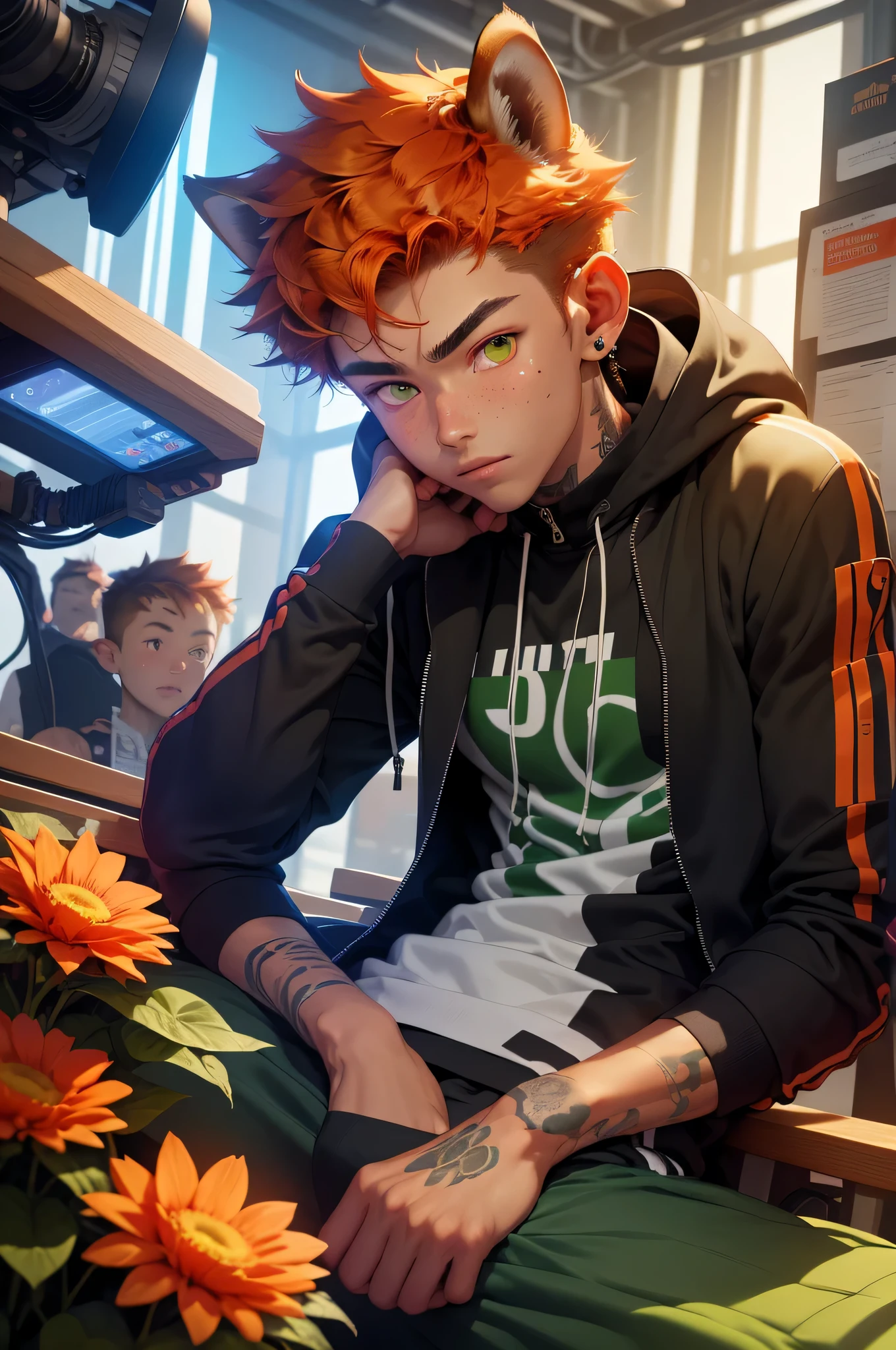 illustration, ((18 years old)), male japanese boy, detailed face expression, glowing green eyes, realistic eyes, highly detailed eyes, highly detailed skin, lots of freckles under eyes, natural ginger hair with animal ears on top, ((red squirrel ears)), ((red squirrel tail)), he has a tail coming out from butt, neck floral tattoo, right arm floral tattoo, cyberpunk night background, black tracksuit, ultra high textures, ultra high resolution, ultra high details, he is a technician