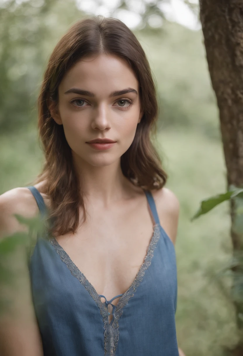 uma linda mulher branca, de 19 anos, vestida com uma blusa de couro, de baixo amarrada, blue pants, realista no meio de uma fazenda linda na montanhas