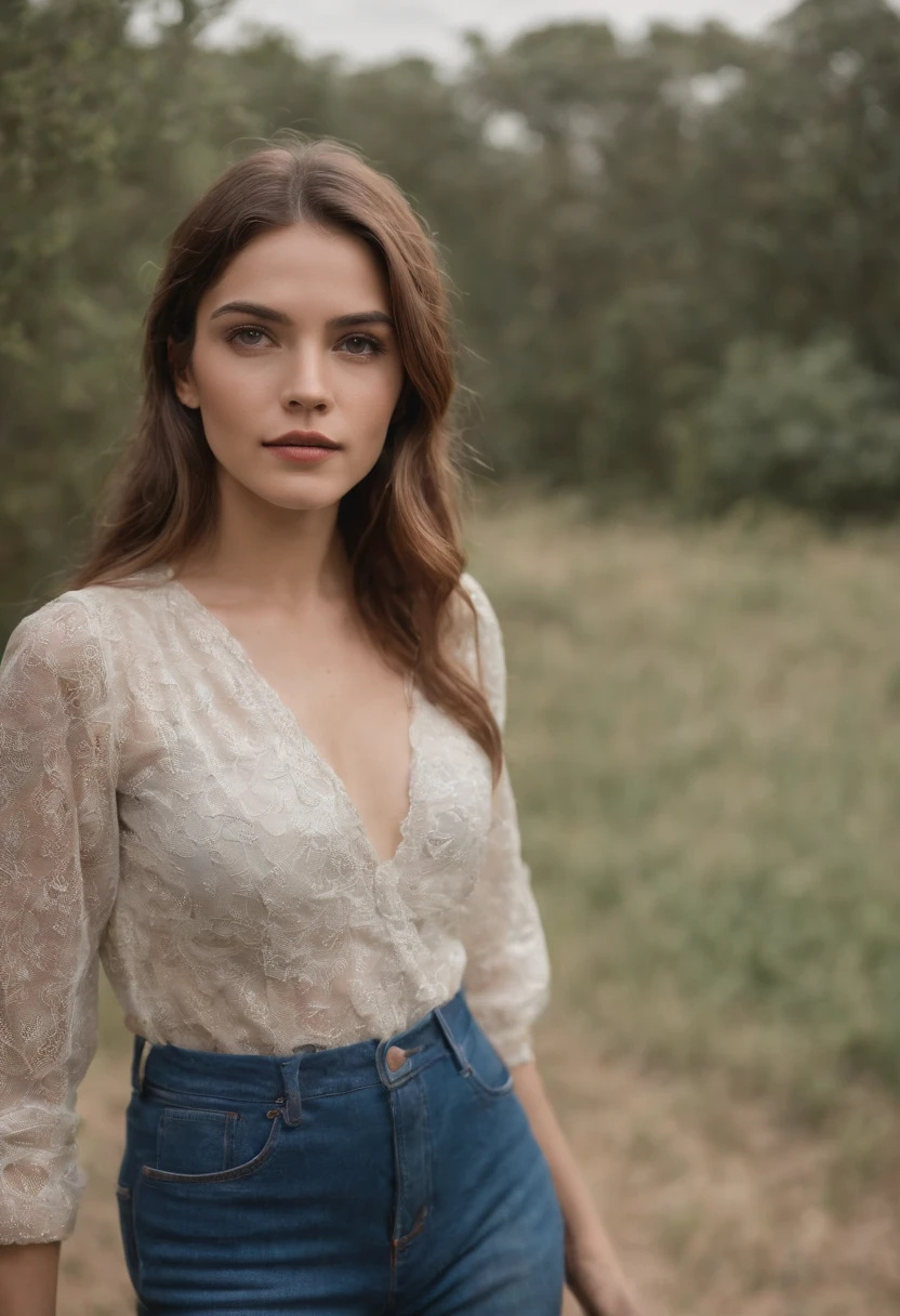 fot, taken from a distance seen full length, Female model, She is very young,  in the open air, jeans, white blouse, sexly, medium hips, Caucasian skin, sad for a lost love, long brown hair, a softened wry smile - contained excitement, Soft lighting on your face, realistic skin-clothes-hair textures, sky blue eyes carpeted mist, beautiful real textures and delicate aesthetics, full body view, dancing in the hall, notable for natural feminine beauty, noise, 8 k quality, FOTO RAW, by professional photographer, rule of thirds, Extremely Detailed
