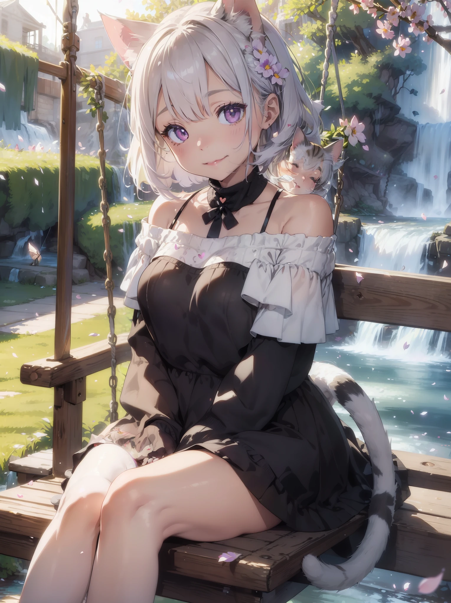 masterpiece,best quality,ultra-detailed,extremely detailed CG,high resolution,super detailed skin,perfect anatomy,trompe-l'?il illusionistic detail,cowboy shot,purple eyes,lipstick,eyeliner,eyeshadow,slender,shiny skin,medium breasts,bob cut,silver hair,shiny hair,(evening:1.4),(waterfall:1.4),(swing:1.5),(petals:1.4),(cat:1.5),(dappled sunlight:1.5),(cleavage:0.8),(car ears:0.9),(smile:1.3),(off-shoulder sweater:1.5),(tail:1.6),(heart hands:1.5)、(cute white cat sleeping on lap:1.5)、(sit on a swing:1.6)