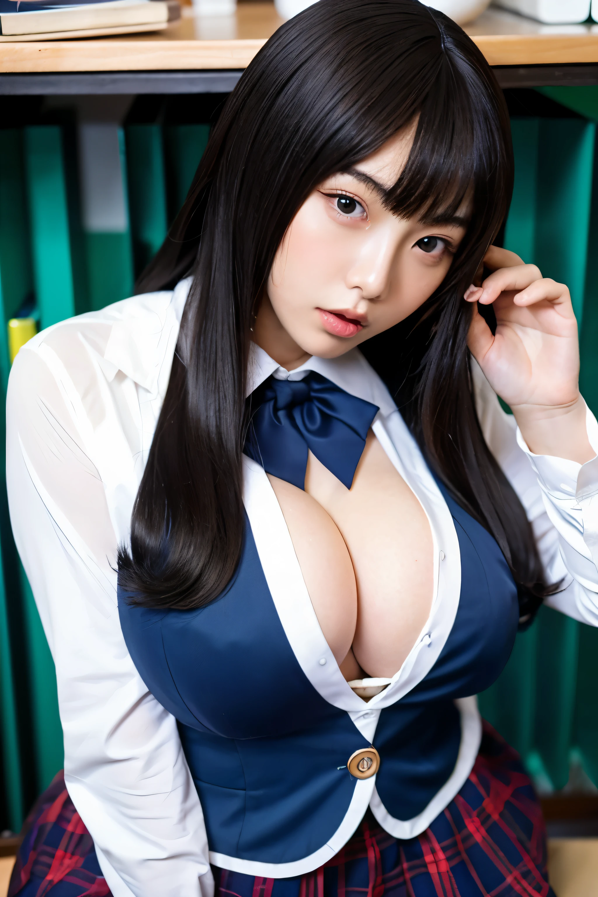 ((best quality)), ((masterpiece)), (detailed), perfect face a japnese men dress up school girls uniform wearing black wig and having largest breast and ass and dick doing a sexy pose
