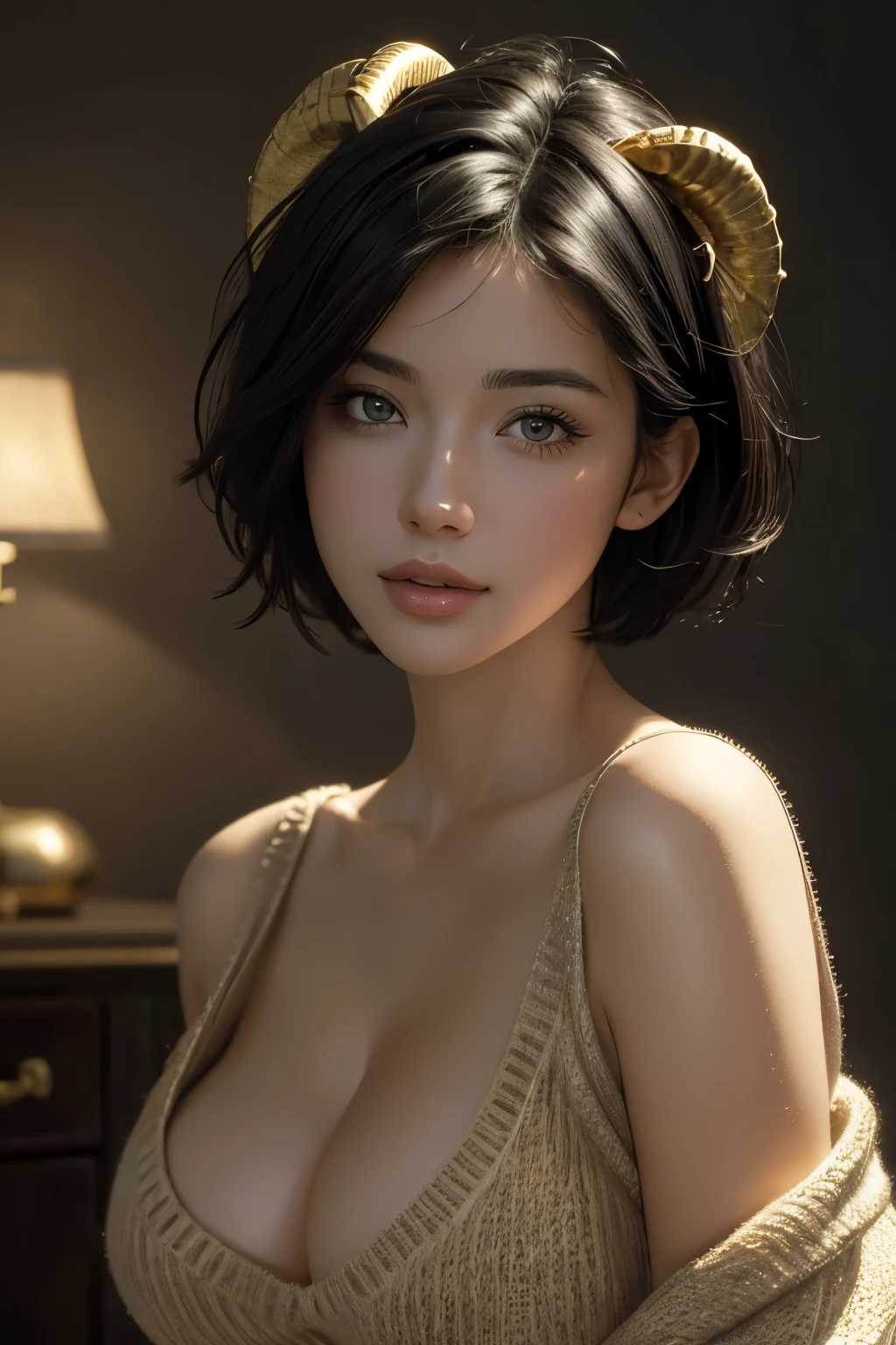 (masterpiece:1.3), (8k, photorealistic, RAW photo, best quality: 1.4), (1girl), beautiful face, (realistic face), (black hair, short hair:1.3),sheep horns, cleavage,Nice hairstyle,photorealistic eye,Nice detail eyes,(Realistic skin),Beautiful skins,(Sweaters),absurd res,enticing,ultra high resolution,Ultra photo realsisim,The is very detailed,the golden ratio