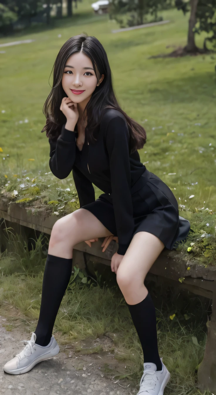 highest quality, visible all over,sophisticated facial features,cute face,25 year old female,slim body shape,bust becomes smaller,Harness,knee length skirt、Calf Socks,sneakers、Keep both legs together,outdoor scene,sit on a bench、black hair、smile、beautiful white teeth、look at the camera