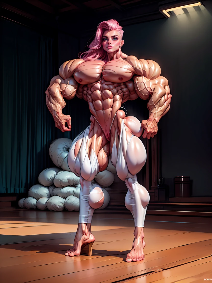 (1 girl), (cara delevingne), young girl, muscular feminine physique, seductive face, seductive look, long pink hair, perfect muscular body, super skinny legs, (swollen bulging pecs:1.45), (naked:1.45), (full body pose), (huge muscular arms:1.45),