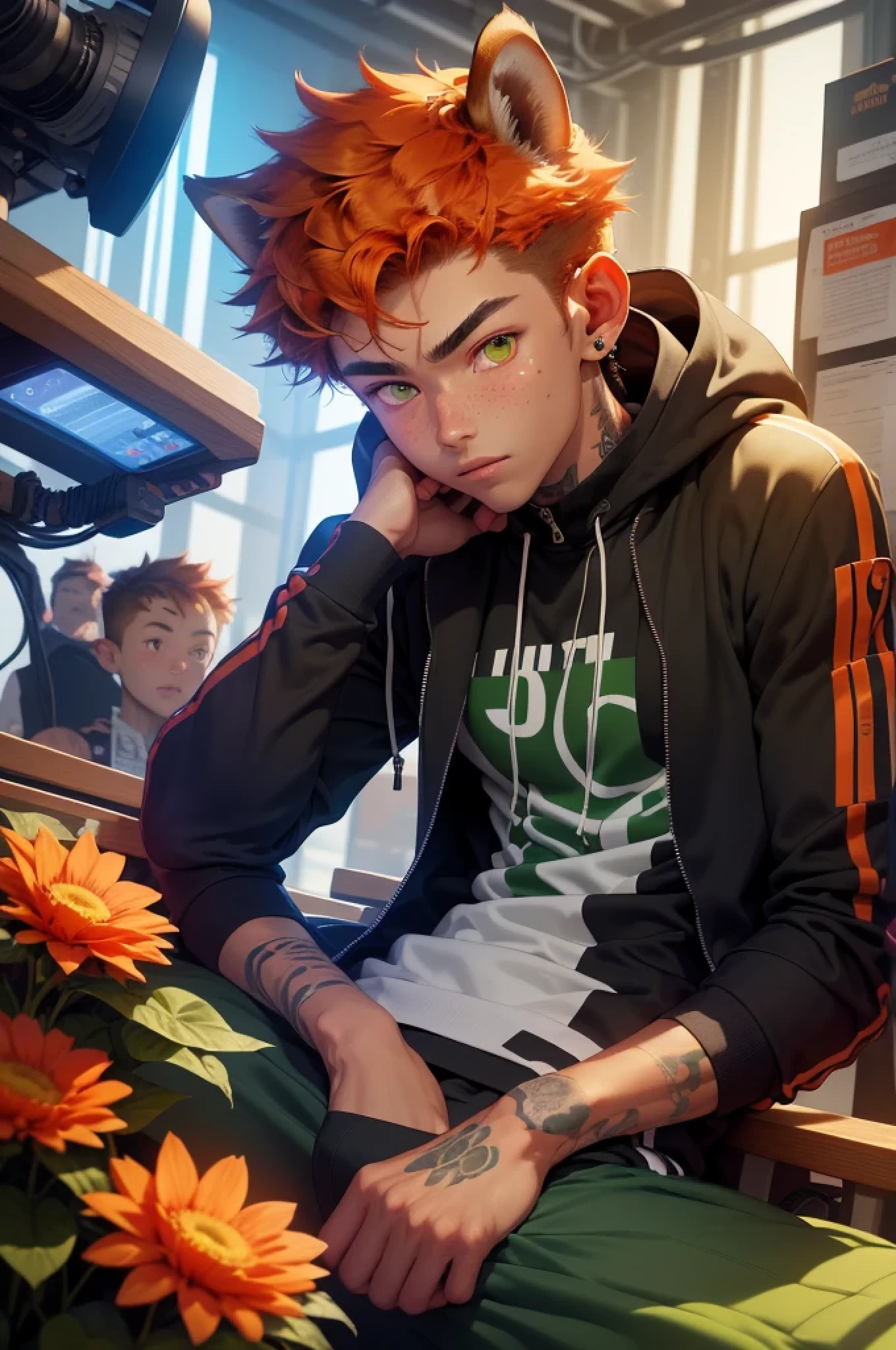 illustration, ((18 years old)), male japanese boy, detailed face expression, glowing green eyes, realistic eyes, highly detailed eyes, highly detailed skin, lots of freckles under eyes, natural ginger hair with animal ears on top, ((red squirrel ears)), ((red squirrel tail)), he has a tail coming out from butt, neck floral tattoo, right arm floral tattoo, cyberpunk night background, black tracksuit, ultra high textures, ultra high resolution, ultra high details, he is a technician

