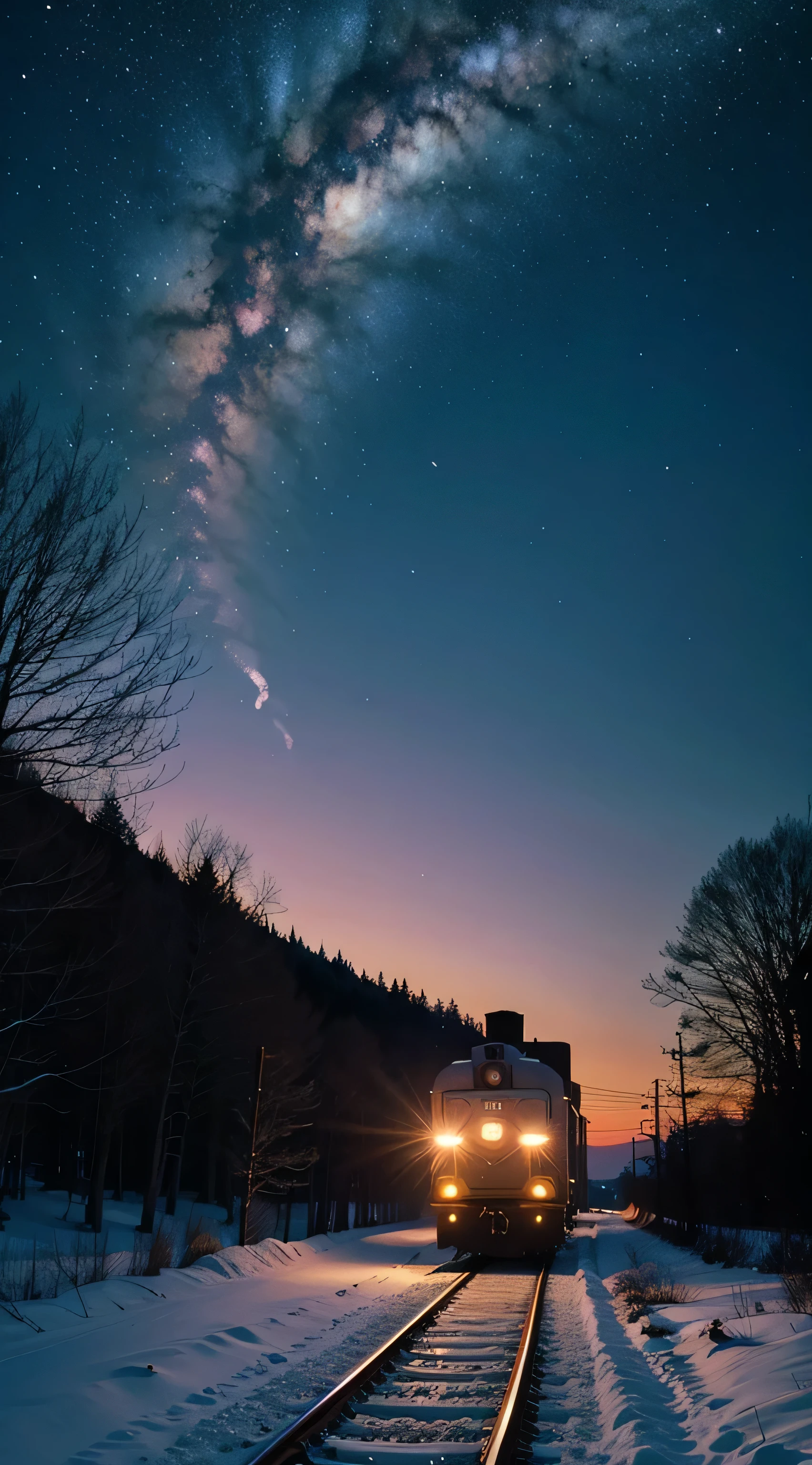 There is a train running along the tracks in the snow, Makoto Shinkai&#39;s concept art, tumblr, magic realism, beautiful anime scenes, cosmic sky. by makoto shinkai, ( ( makoto shinkai ) ), anime background art, anime backgrounds, Makoto Shinkai&#39;s style, anime movie backgrounds, galaxy express, no humans.