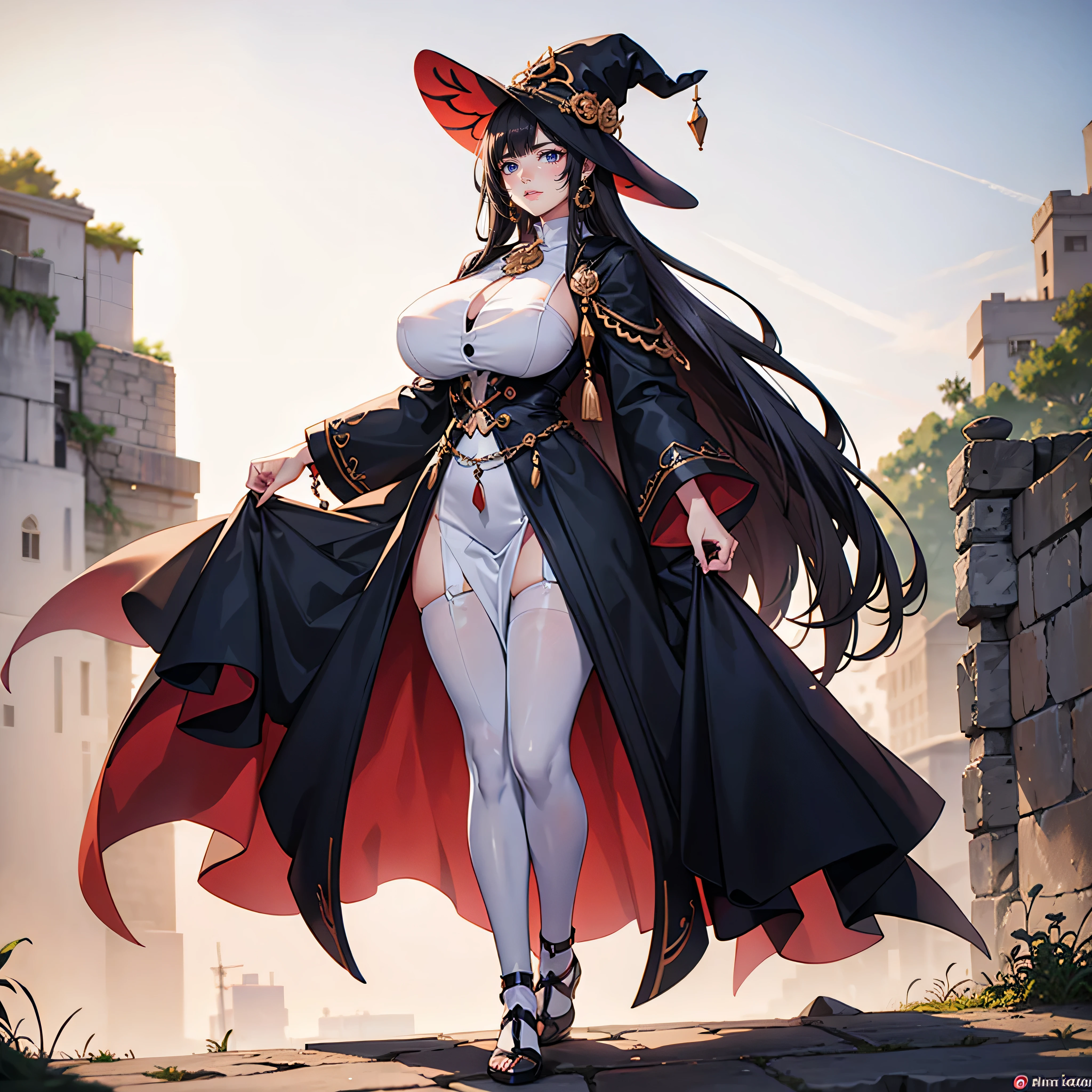 mulher feiticeira decabelos roxos curtos, vestido preto grande, giant witch technology hat, mestre suprema, olhos azuis, pele clara, 29 anos, giant long technological dress