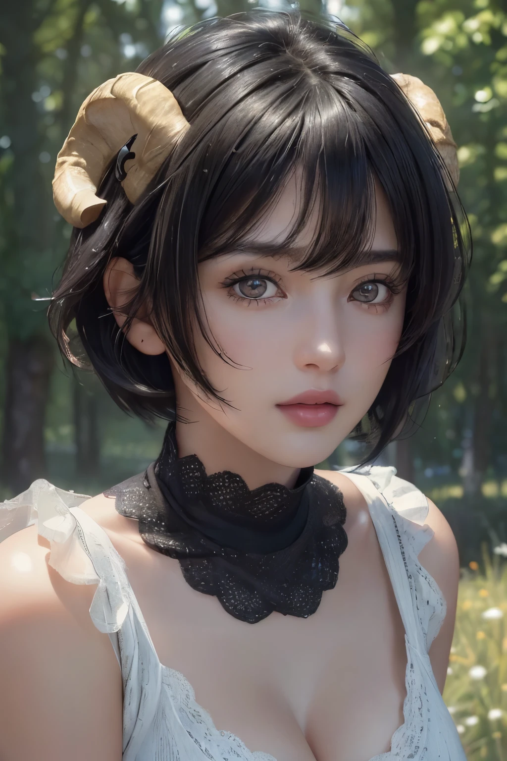 (masterpiece:1.3), (8k, photorealistic, RAW photo, best quality: 1.4), (1girl), beautiful face, (realistic face), (black hair, short hair:1.3),sheep horns, cleavage,Nice hairstyle,photorealistic eye,Nice detail eyes,(Realistic skin),Beautiful skins,(Sweaters),absurd res,enticing,ultra high resolution,Ultra photo realsisim,The is very detailed