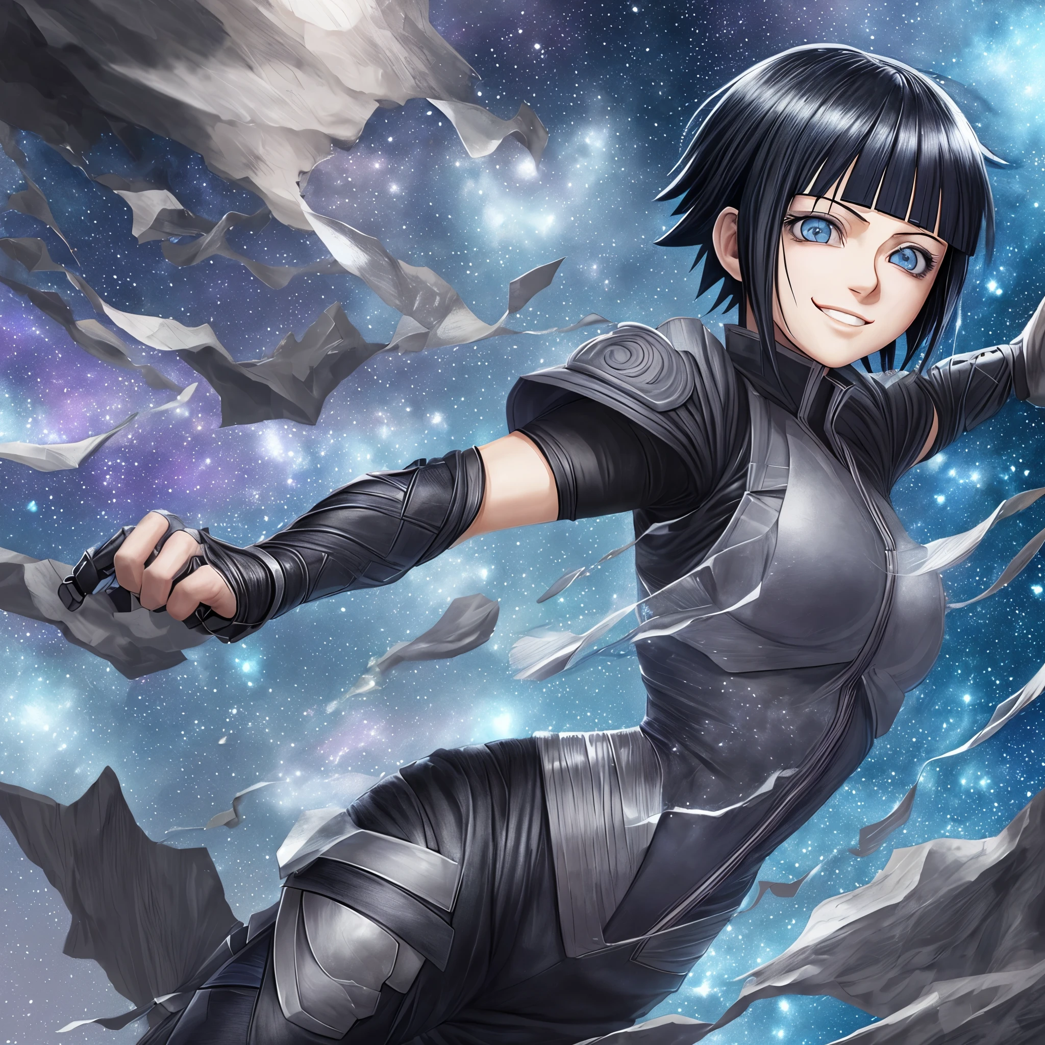 hinata in anime naruto, short hair , black hair, blue eyes, beautiful, smile, iron clothes, realistic clothes, detail clothes, galaxy background, ultra detail, realistic