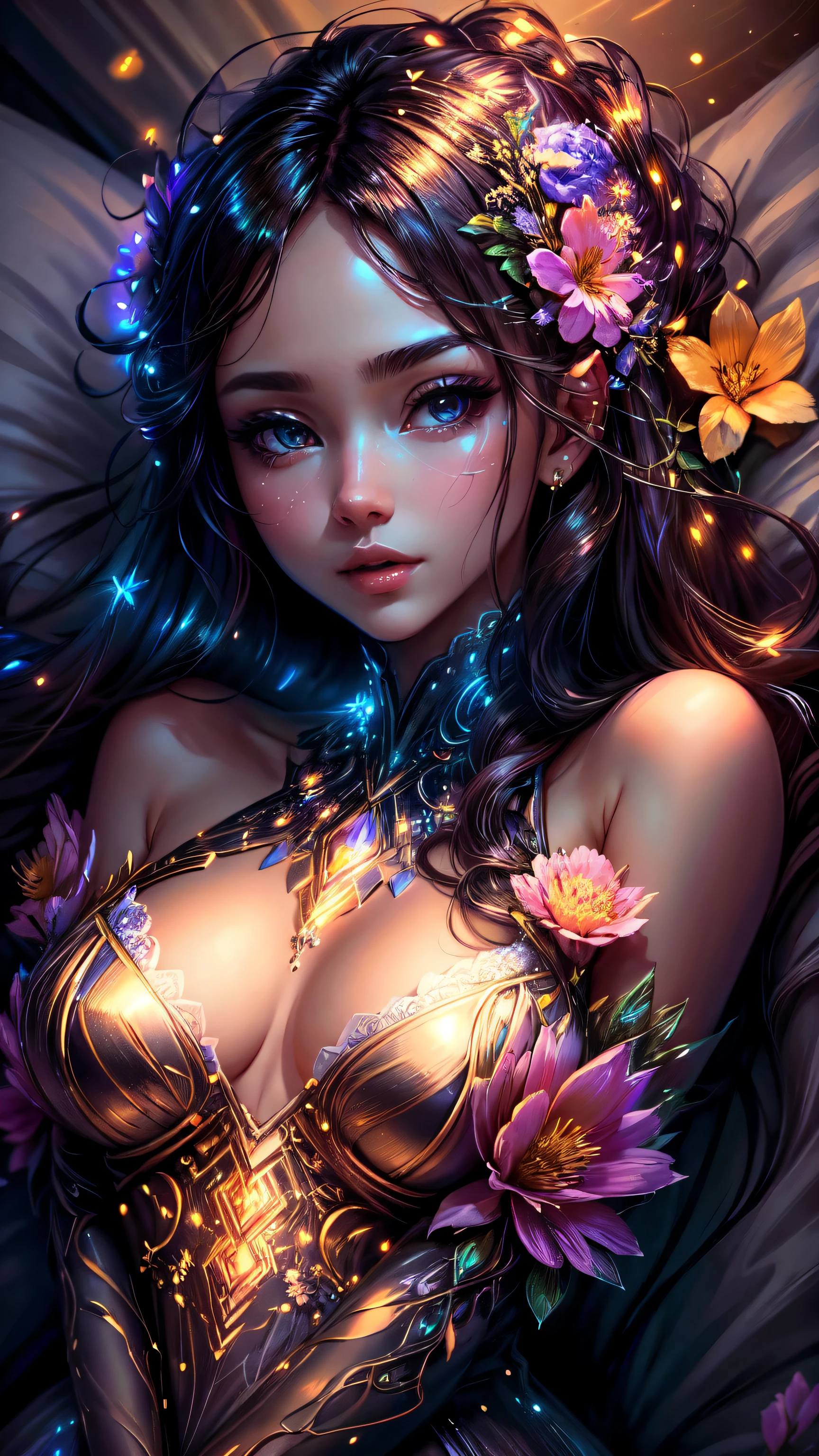 best quality, high-res, ultra-detailed), beautiful woman, detailed face, detailed eyes, long sparkling dress, night background with light and flowers, neon colors, portraits, soft and warm color tones, ambient lighting, full body, flowers, lights, laying on bed
