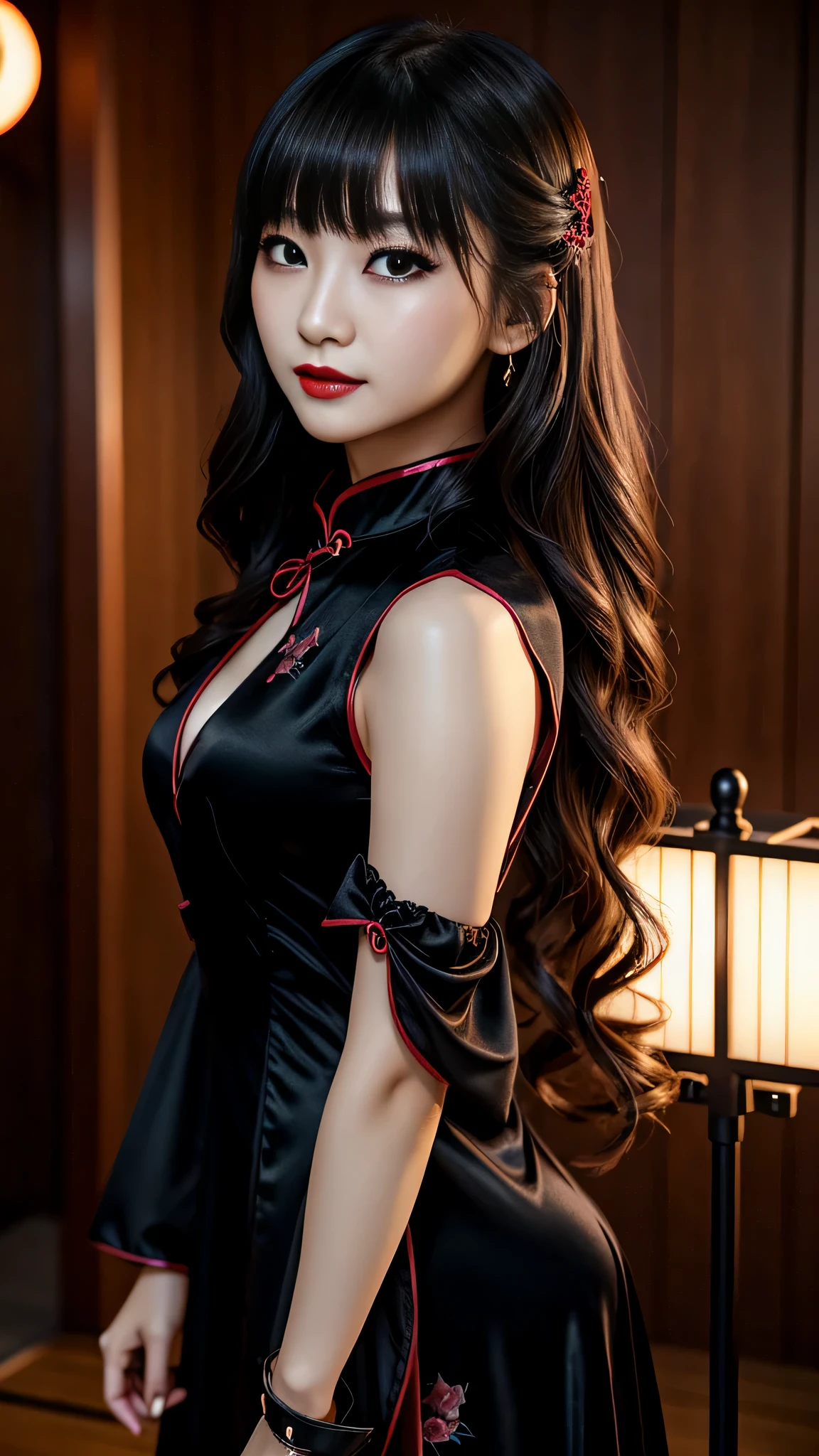 Super detailed、Japanese、charming beauty、seductive adult woman、Beautiful woman、sharp eyes、cool girl、wavy hair、flowing bangs、long black cheongsam、wide sleeve、evilの幹部、evil depravity、brainwashing、Mind control、lipstick、lip gloss、grin、evilな表情、evil、empty eyes、evil、night walk、vampire、Succubus、vampire、makeup brush