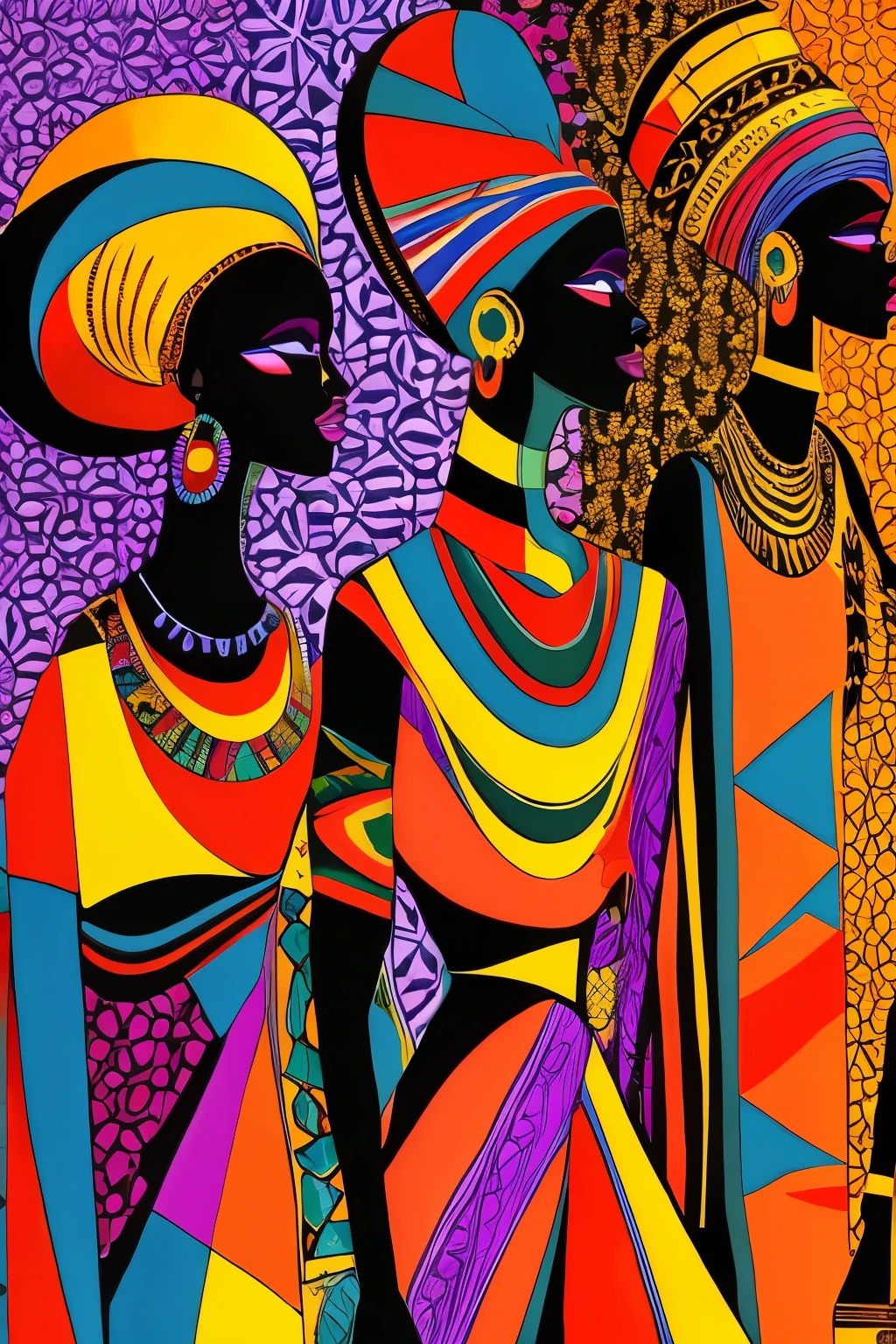 a painting of three women in colorful outfits standing next to each other, by Dahlov Ipcar, african arts, african iconography, afrocentric mysticism, inspired by Keith Mallett, by Dorothy King, african woman, by Chinwe Chukwuogo-Roy, by Keith Mallett, by Herbert MacNair, black art, african queen