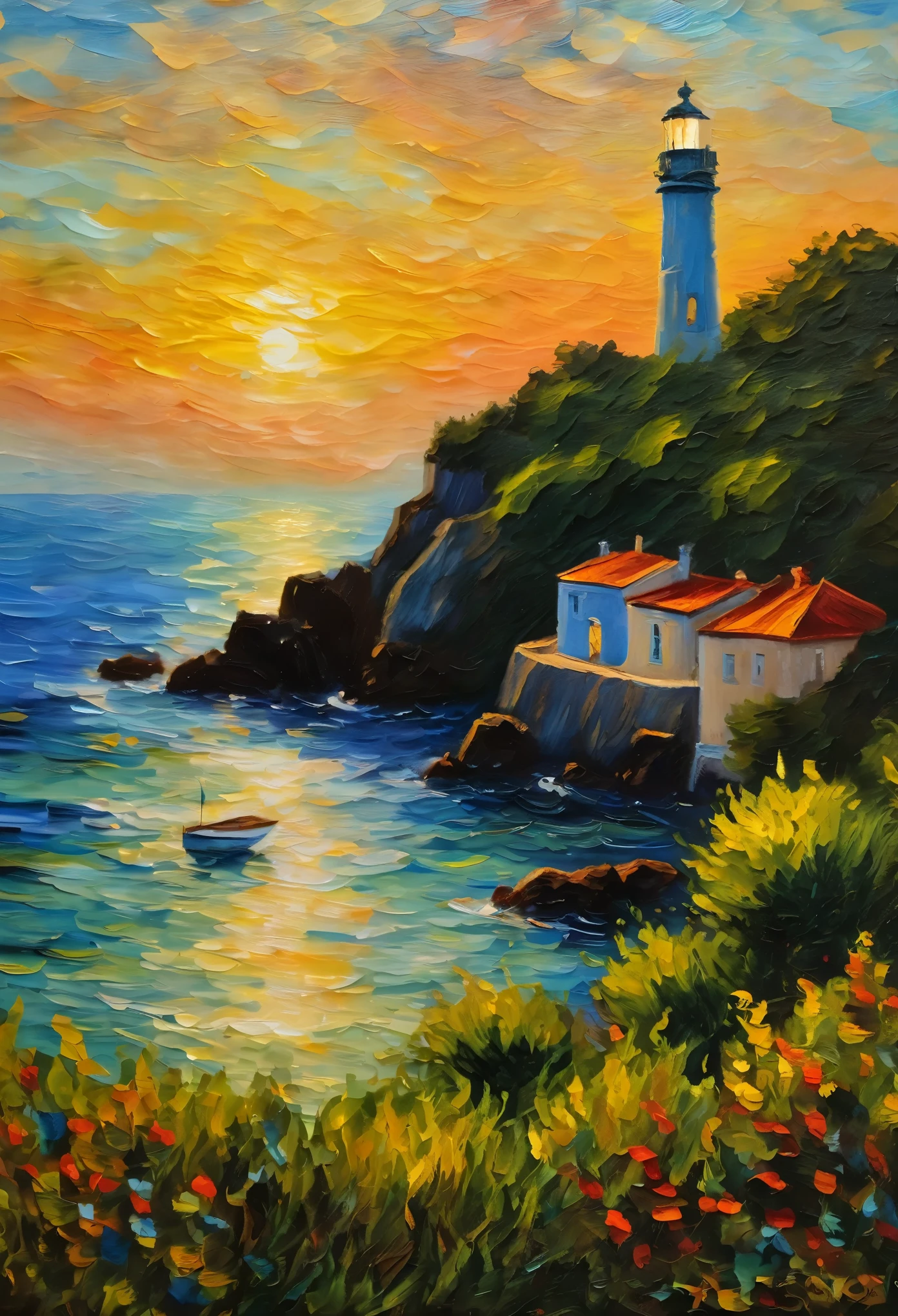 farol visto do mar,farol visto do barco,pintura de paisagem,fronteira entre o dia e a noite,luz do farol,Sense of security,Rendering,Estilo de pintura de Monet,obra de arte,oil painting,detalhes finos,detalhes intrincados