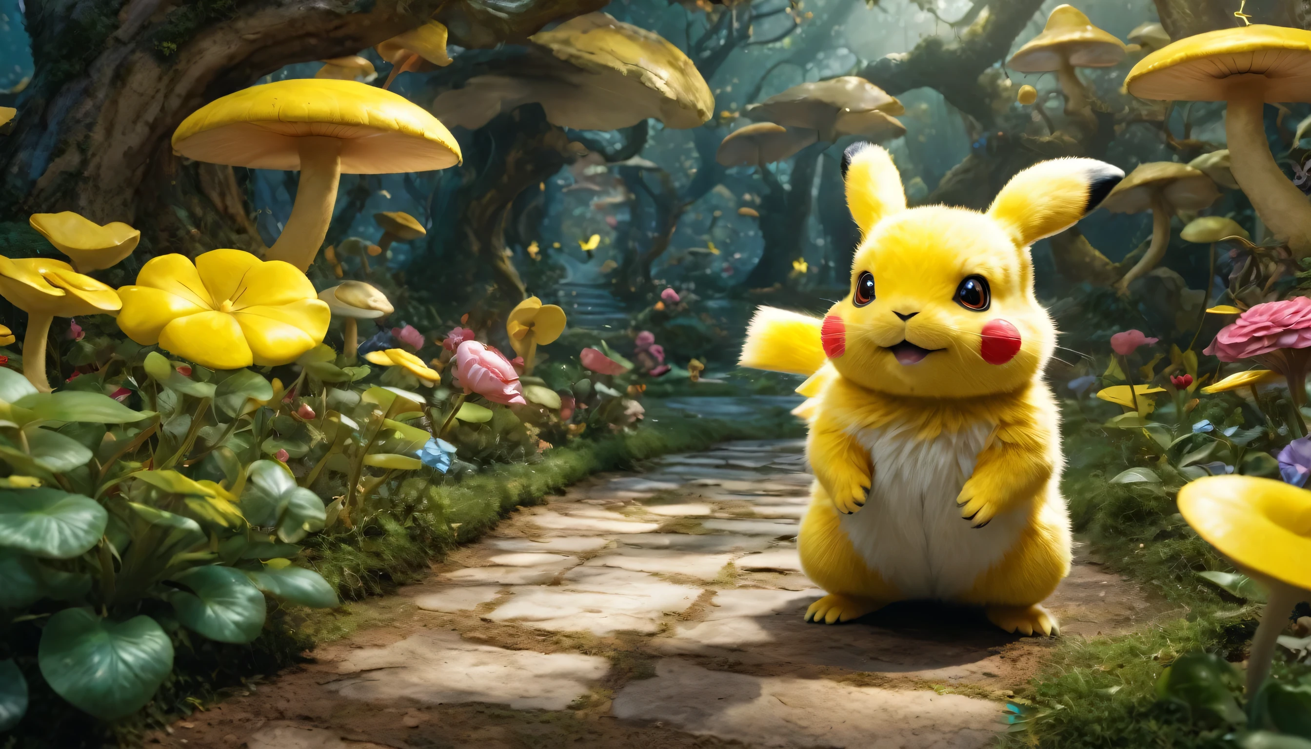 pikachu pokemon amarelo eletrico, in Alice in Wonderland,intrinsic details, obra de arte, hiper-realista , High definition , 8k