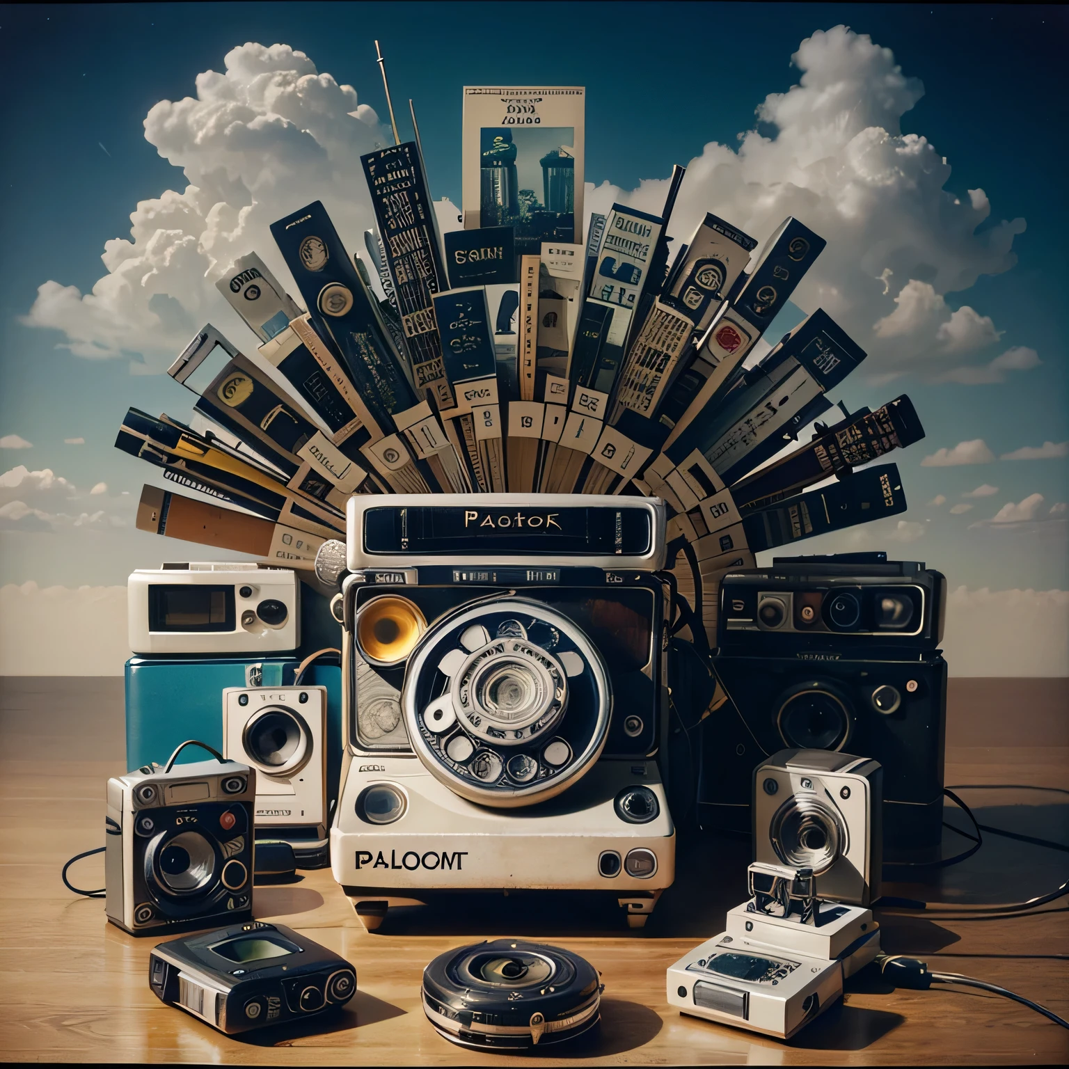 A collage of different objects and symbols from the past, such as cassette tapes, rotary phones, and Polaroid cameras, arranged in a dreamy, surreal landscape.