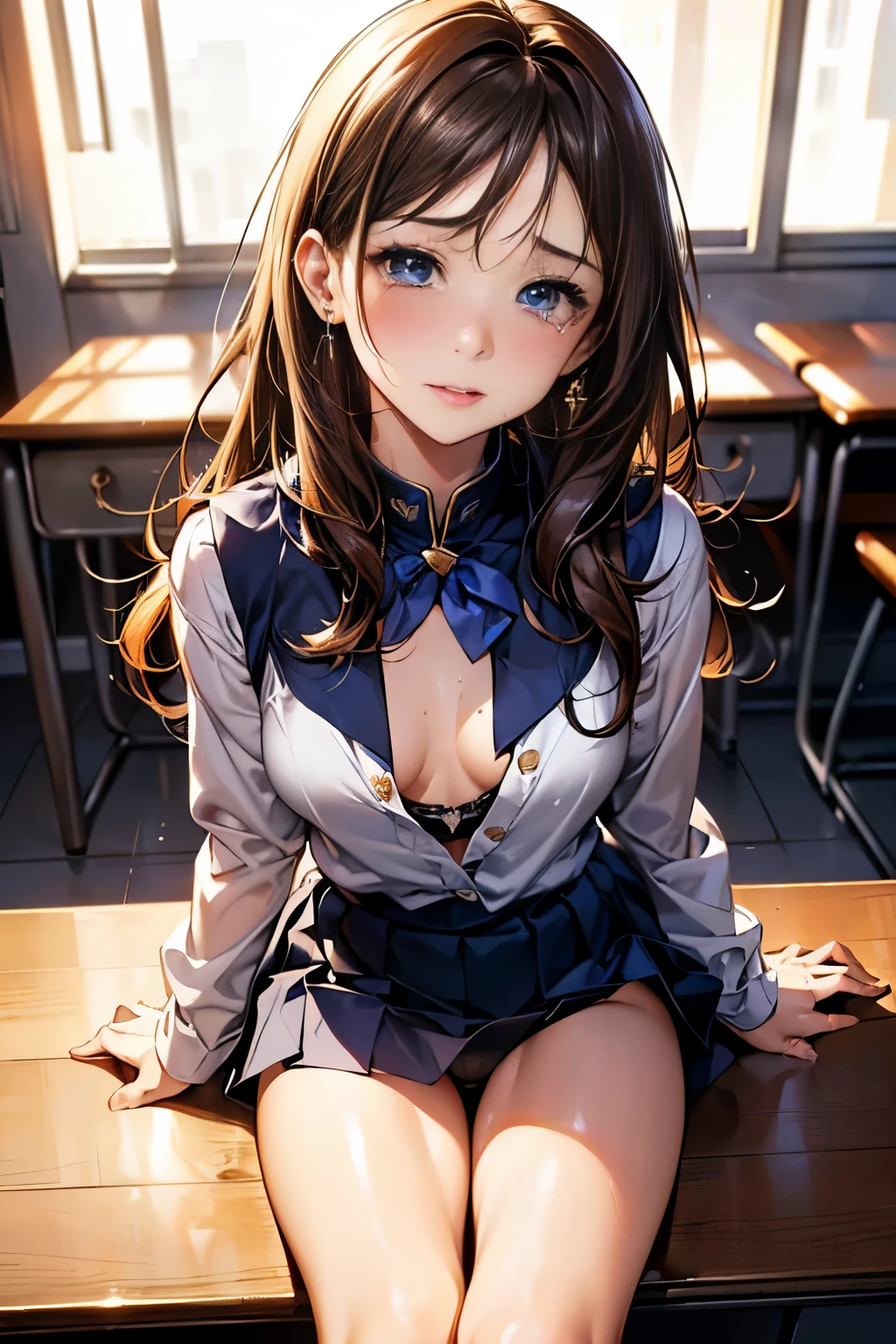(table top: 1.3), (maximum resolution: 1.2), (Ultra HDTV: 1.2), cinematic light, 8K resolution,
fine eyes and skin, detailed facial features, , (sharp focus: 1.2）, (focus on face:1.2),perfect style, beautiful face, Accurate, anatomically correct, Highly detailed face and skin texture, fine eyes, double eyelid, thin eyebrows,  natural cheeks, Glossy skin, Fair skin: 1.2, (glossy lips: 1.4),、 (embarrassed look: 1.2),Highly detailed face and skin texture, fine eyes, double eyelid, natural cheeks, , glossy lips: 1.4,exposed cleavage、（A large amount of  in the :1.4）（A large amount of  on the thigh:1.2）、
blush、humiliating、impatience、disappointed、It was scary、glare、tears、embarrassing、open your kneeake  acts public、masturbation、rub  with fingers,,,,,,,,,,、
white underwear、white bra、Sparkling small earrings and necklace、、disheveled clothes、dressing、exposed panties、sweating、grass、thin 、
18-year-old, A neat and clean woman 、wavy hair、 medium long hair, usually, upturned , sitting on the floor, classroom,black brown hair,blue eyes、(high school uniform:1.4)