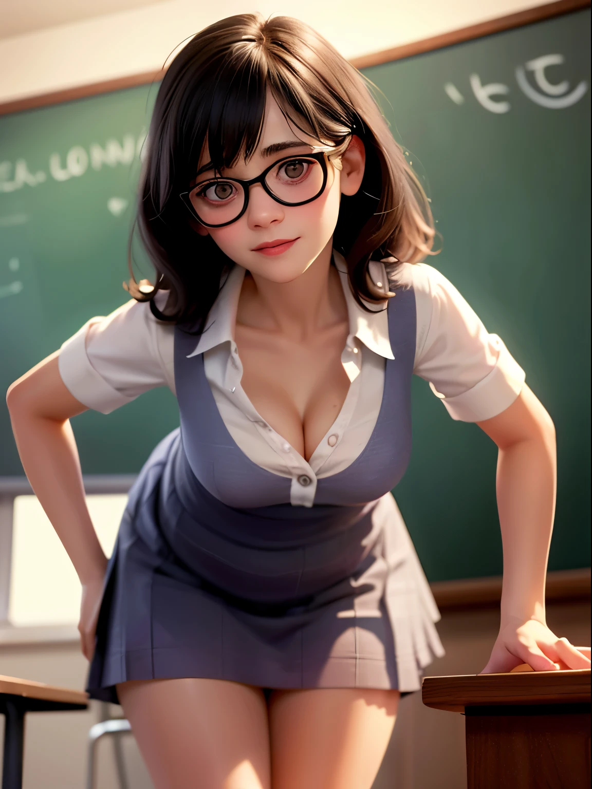 Cute young teacher standing at the blackboard, wearing a frilly minidress and blouse, shot from below, leaning forward, cleavage, bare thighs, popular teacher, high quality, 8k, warm, unbuttoned, glasses,Zooey Deschanel