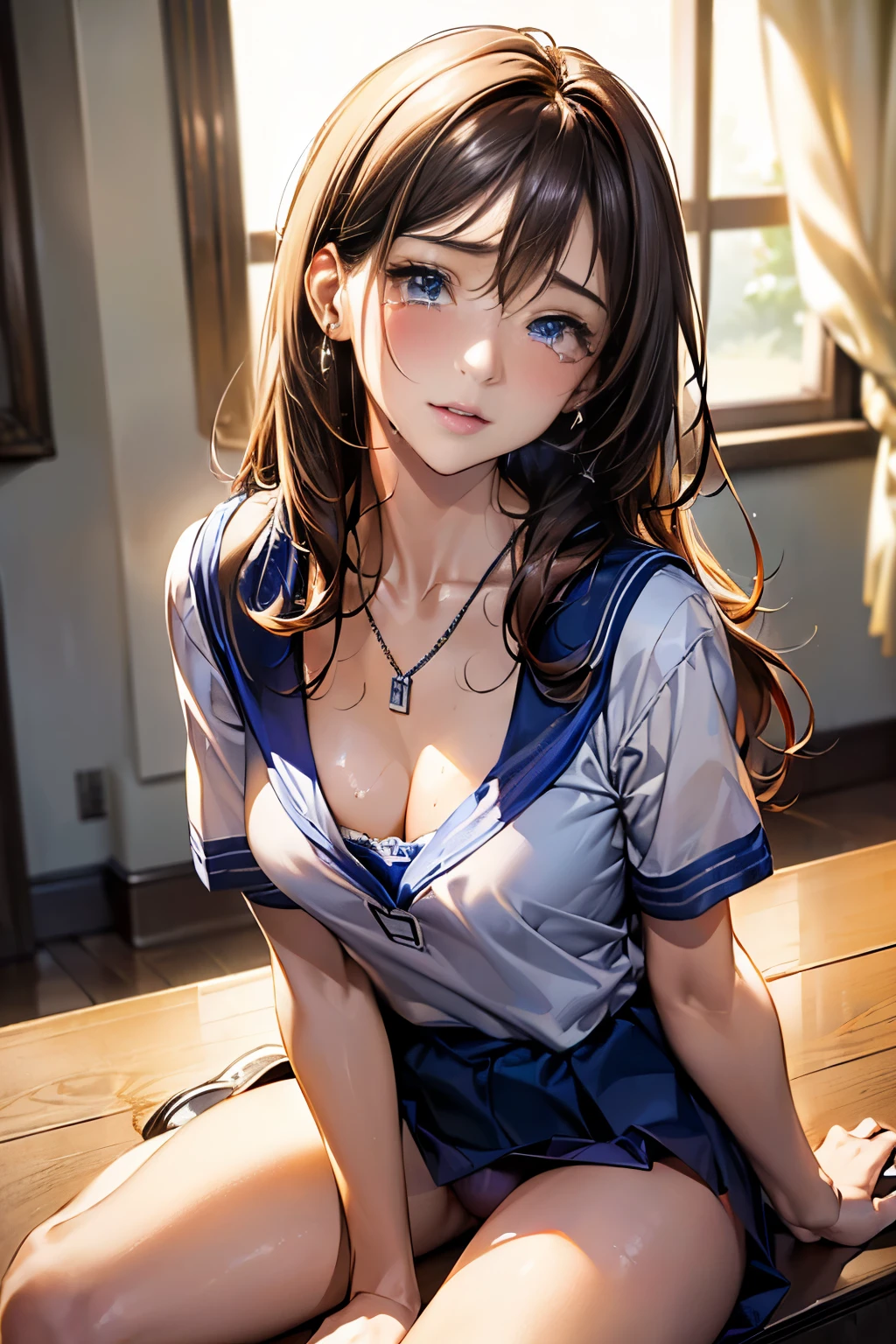 (table top: 1.3), (maximum resolution: 1.2), (Ultra HDTV: 1.2), cinematic light, 8K resolution,
fine eyes and skin, detailed facial features, , (sharp focus: 1.2), (focus on face:1.2),perfect style, beautiful face, Accurate, anatomically correct, Highly detailed face and skin texture, fine eyes, double eyelid, thin eyebrows, natural cheeks, Glossy skin, Fair skin: 1.2, (glossy lips: 1.4),、 (embarrassed look: 1.2),Highly detailed face and skin texture, fine eyes, double eyelid, natural cheeks, , glossy lips: 1.4,exposed cleavage、(A large amount of sperm in the chest:1.4)(A large amount of sperm on the thigh:1.2)、
blush、humiliating、impatience、disappointed、It was scary、glare、tears、embarrassing、open your kneeake sexual acts public、masturbation、rub genitals with fingers,,,,,,,,,,、
white underwear、white bra、Sparkling small earrings and necklace、、disheveled clothes、dressing、exposed panties、sweating、grass、thin underwear、
18-year-old, A neat and clean woman 、wavy hair、 medium long hair, usually, upturned chest, sitting on the floor, classroom,black brown hair,blue eyes、(high school uniform:1.4)