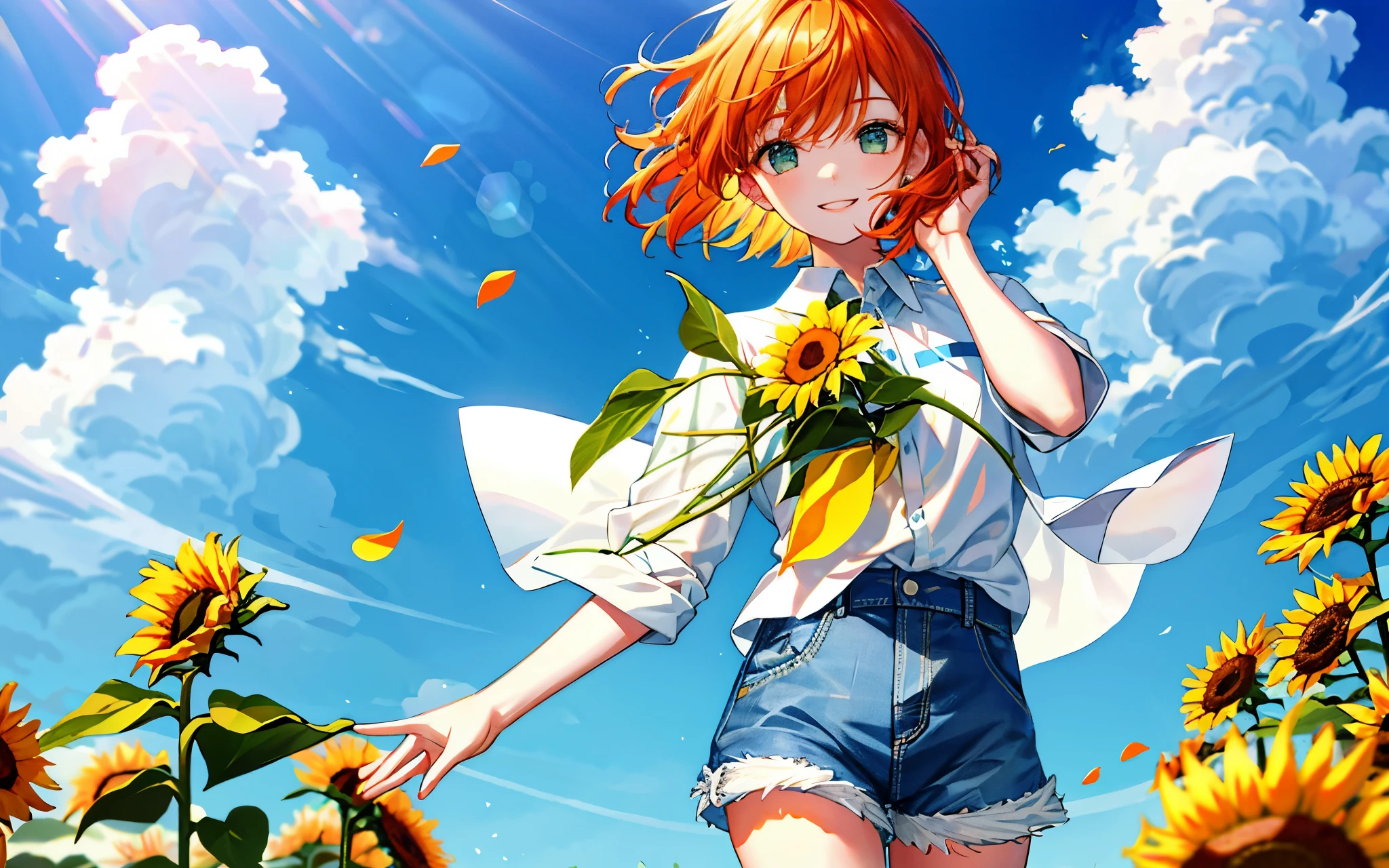 highest quality、perfect face、very detailed、very delicate、男solo, detailed face、Gentle sunlight falls on my face,white collared shirt、blue shorts、short pants、jeans、summer、Sunflowers are in full bloom、open your arms、orange hair、medium hair、green eyes、solo、fine eyes、detailed background、smile、watch here、petal、Blue sky、High level image quality、delicate fingers and hands、full body