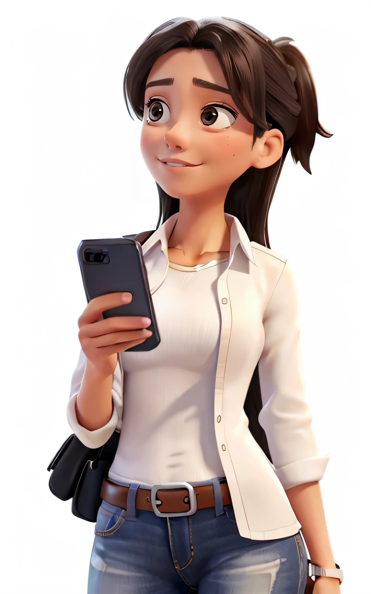 smiling woman in white shirt holding a cell phone and looking at it, she is holding a smartphone, checking her phone, holding a very advance phone, goddess checking her phone, with a black background, checking her cell phone, ad image, sleek design, digitally drawn, without background, digitally enhanced, he is holding a smartphone, full device, without text, phone in hand