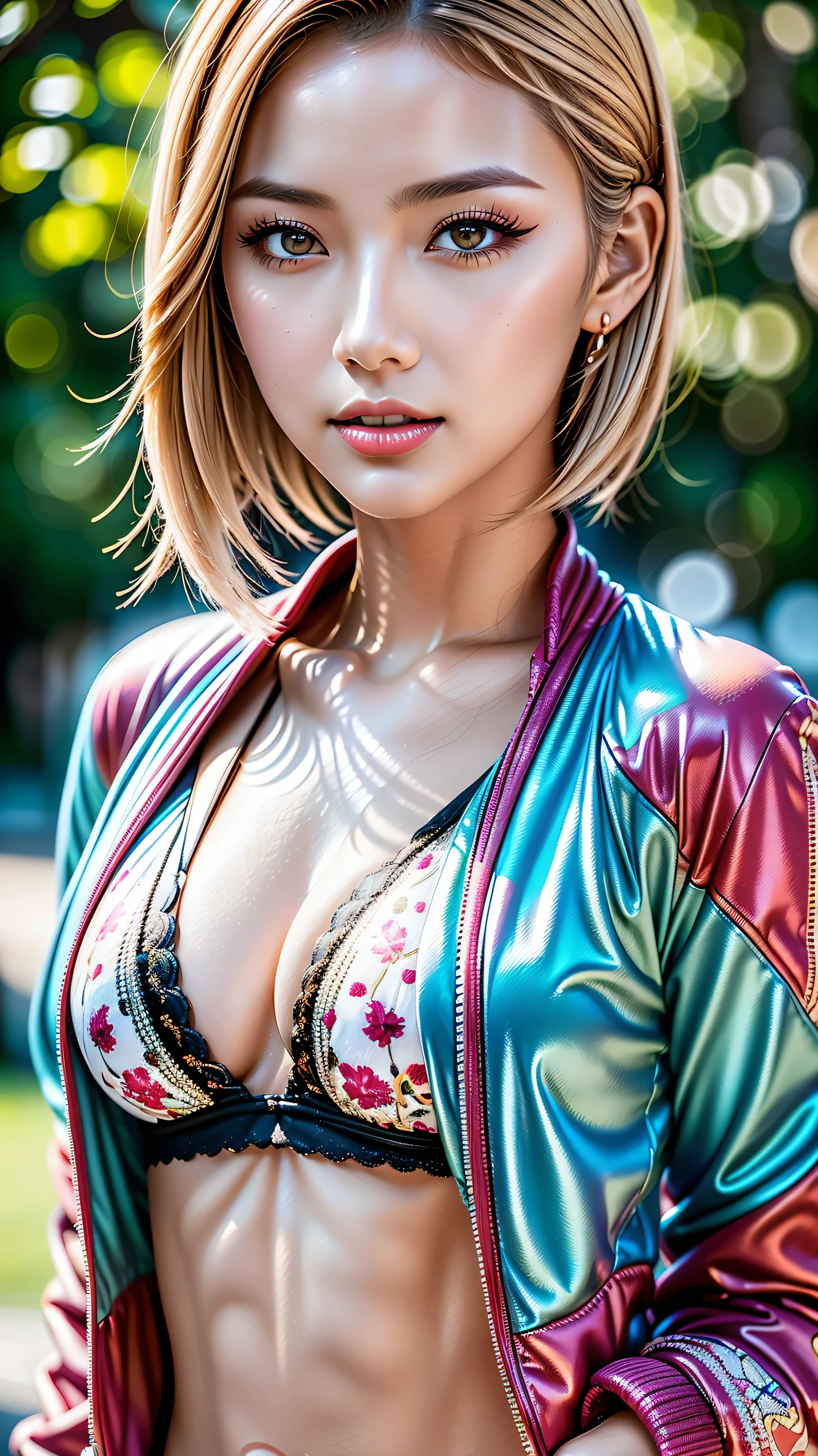 Divide Ratio : 1,1,1 Base Ratio: (portrait),(Highest resolution),((the most absurd quality)),(masterpiece),((sharp focus)),((最high quality)),(photorealistic),(hyper realistic),beauty (mixed girl)(madison ivy:0.35)(jessica alba:0.5)(Ariana Grande:0.35) in of a (1girl:1.3 22-year-old),fashion supermodel,(best high quality real texture skin),(ebony skin female),(Highly quality texture hair),BREAK,((short blonde hair ((slicked to the side)) extremely detailed)),((outdoors, in the park Autumn evening, falling dusk)),((Autumn, ((bright vivid colors)) of the forest, lots of leaves lying on the ground)),(best high quality),(perfect proportions),(anatomically correct),(perfect female body),(firm big full breasts:1.44),slim face,beautiful cheekbones,((slim,swell-muscled body)),(realistic face),(Intricately detailed face),BREAK,black_eyeshadow,absurd(Intricately detailed eyes),finely detailed face,finely quality eyes,(tired and sleepy and satisfied:0.0),realistic eyes,perfect round eyes,finely detailed pupils,BREAK,(((brown_eyes))),detailed lips,red_lipstick),pink_makeup,(Detailed nose),((Intricately Detailed colorful outfit((graffiti printed on a short jacket,sport top)) wear)),(Intricately Detailed V-neck sports topp),dynamic pose,exquisite balance of shadows,perfect composition,(shot above the knee),look at the viewer,(from below),Hasselblad, 85mm f/2.8,((ultraviolet lightning thunder storm shot)),((glowing neon light ultraviolet)),ray tracing, reflection light