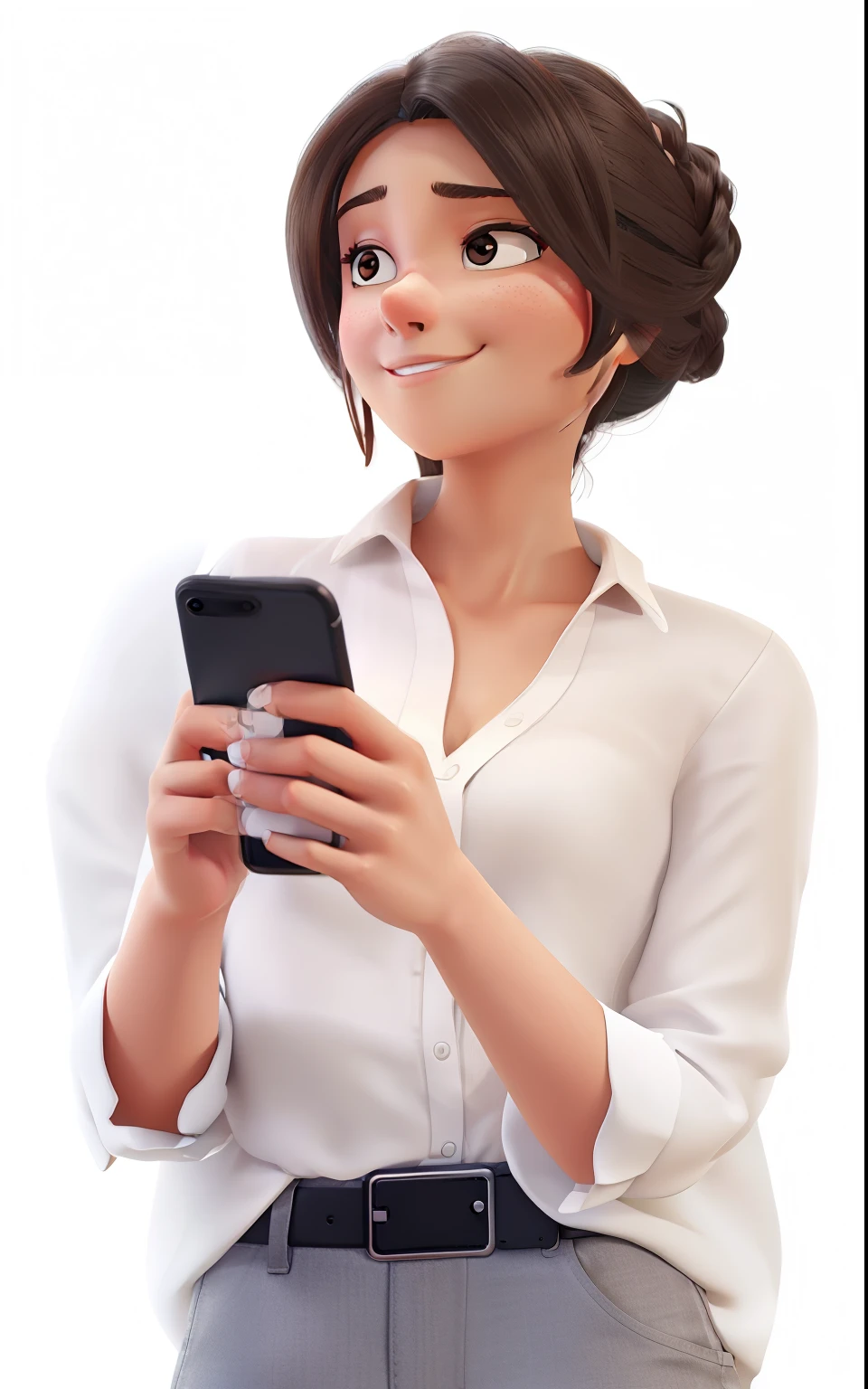 smiling woman in white shirt holding a cell phone and looking at it, she is holding a smartphone, checking her phone, holding a very advance phone, goddess checking her phone, with a black background, checking her cell phone, ad image, sleek design, digitally drawn, without background, digitally enhanced, he is holding a smartphone, full device, without text, phone in hand