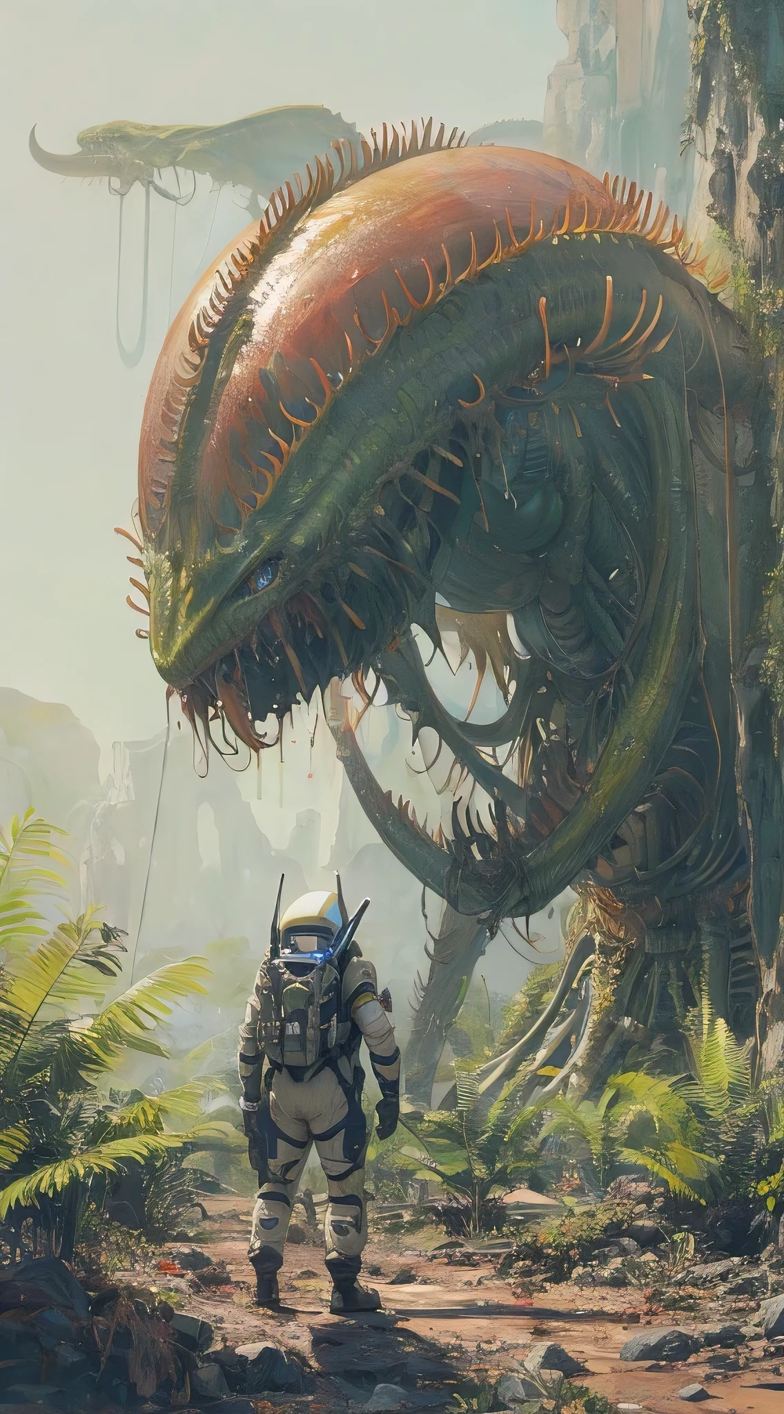 (best quality, masterpiece:1.2), photo of giant and agressive looking alien carnivorous plant on alien planet, futuristic astronaut in front, elaborate details, perfect illustration