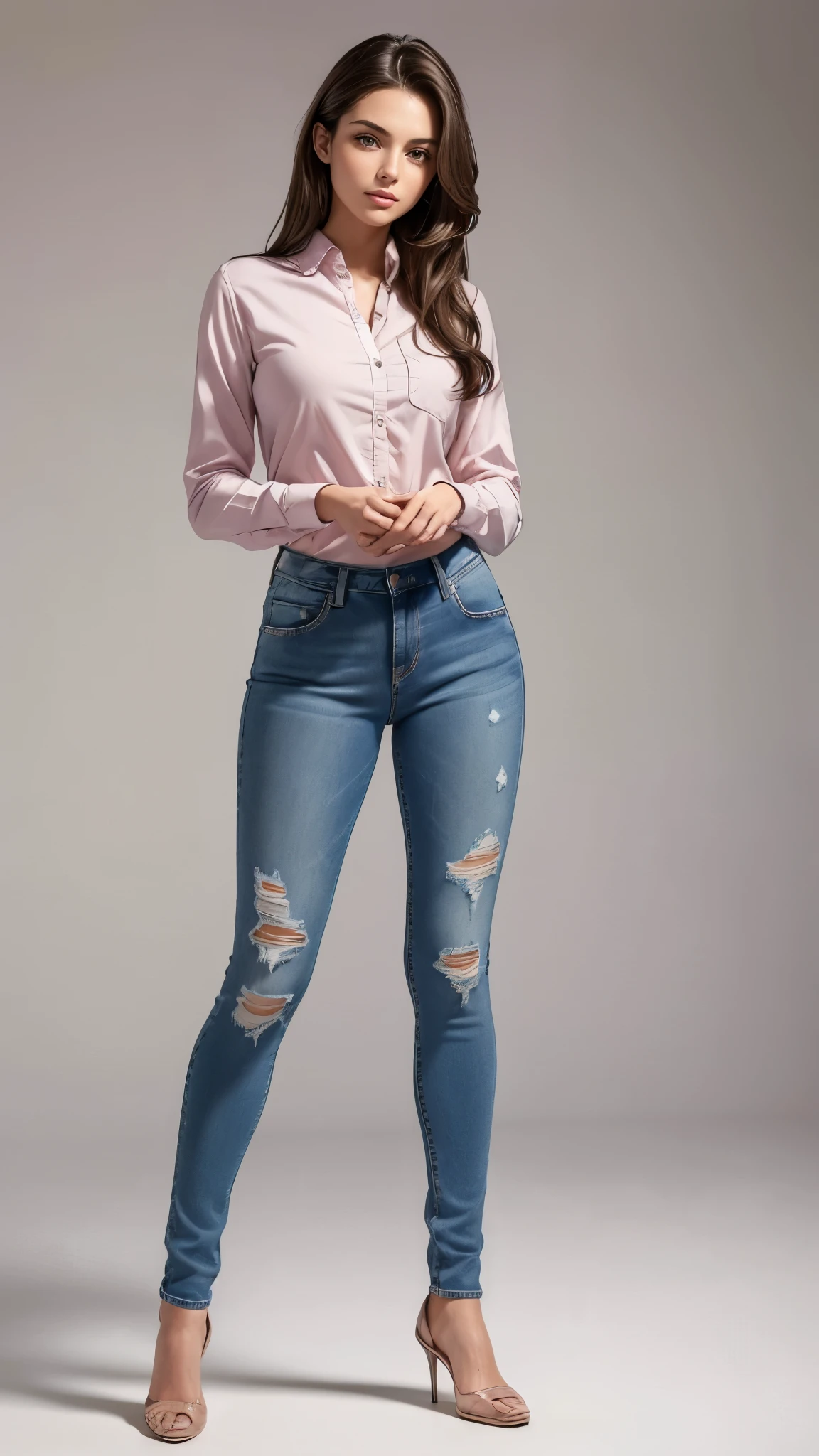((masterpiece,best quality,8k,highres)),((character concept art)), 1 female, young adult female, university student, 18 years old, 170 cm height, (long brunette hair), brunette hair, (fair skin colour), ultra finely detailed eyes (brown eyes colour), sexy, pretty, hot, flirty, charming, funny, kind, playful, sugar baby, perfect body build ((supermodel)), ((intricate detail)), super finely detailed hands, ultra finely detailed fingers(((ten fingers))), wearing pink Oxford shirt and denim jeans (standing still), ((full body showcase)), ((show full body)), (no logos on background), (no logo), ((plain background)), ((plain background)), (((empty background)))