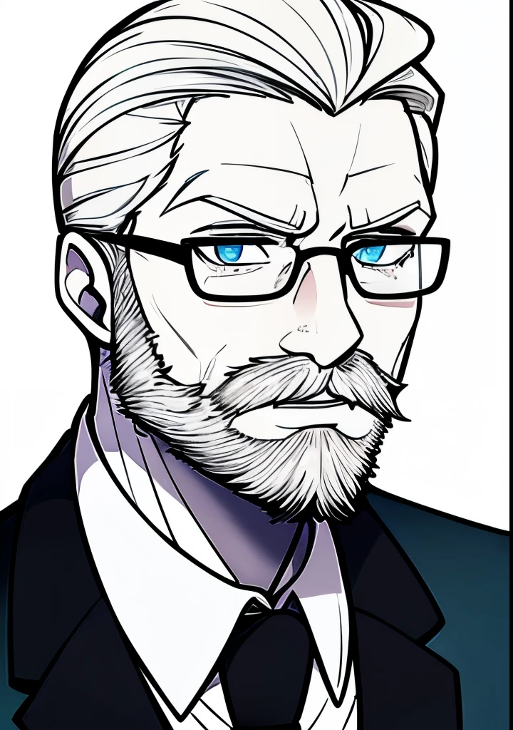 Slightly older Adult male, white and tender skin, pale blonde slicked back combed short hair, kaiser beard and mustache, steel blue eyes, green and slightly mature, serious and emotionless facial expression,wearing a black suit jacket, white collar shirt, black tie and suit pants and glasses, portrait style, facing forwards