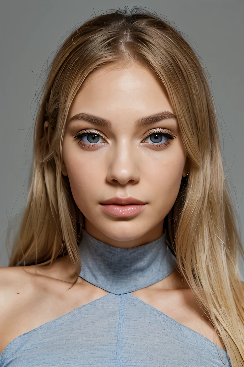genera el rostro de una mujer, La mujer tiene un rostro hermoso con piel clara., high cheekbones, and a defined jaw. Sus ojos son de color azul claro y tienen forma almendrada., con largo, dark eyelashes. His nose is small and straight., y sus labios son carnosos y carnosos. Her hair is long and blonde and is parted in the middle and falls over her shoulders...