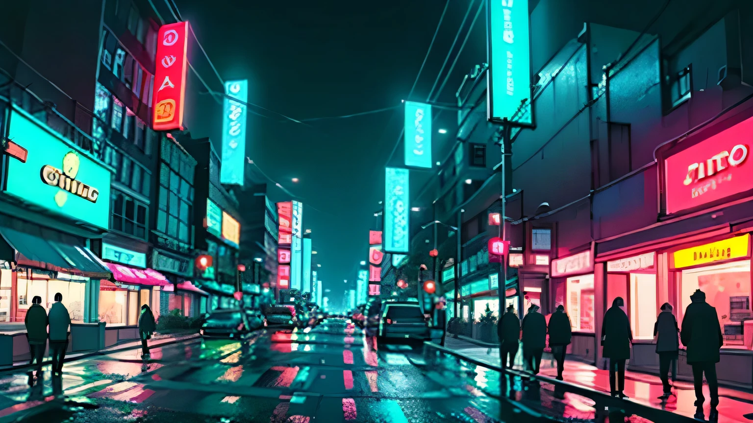 (Melhor qualidade) (estilo de cinema) (Detailed Description) Uma rua escura da cidade com um carro estacionado, CGesociedade, dark city streets with neon lights on buildings, atmospheric cinema style photo, Neon Cinema, muitos outdoors, cheio de cores.