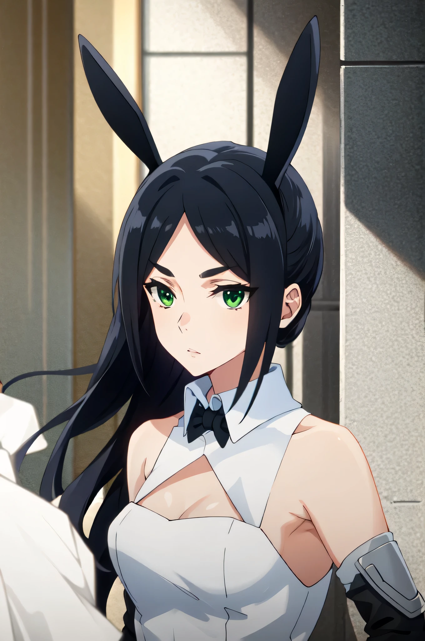 green eyes,black hair,bunny suit,bunny ears
