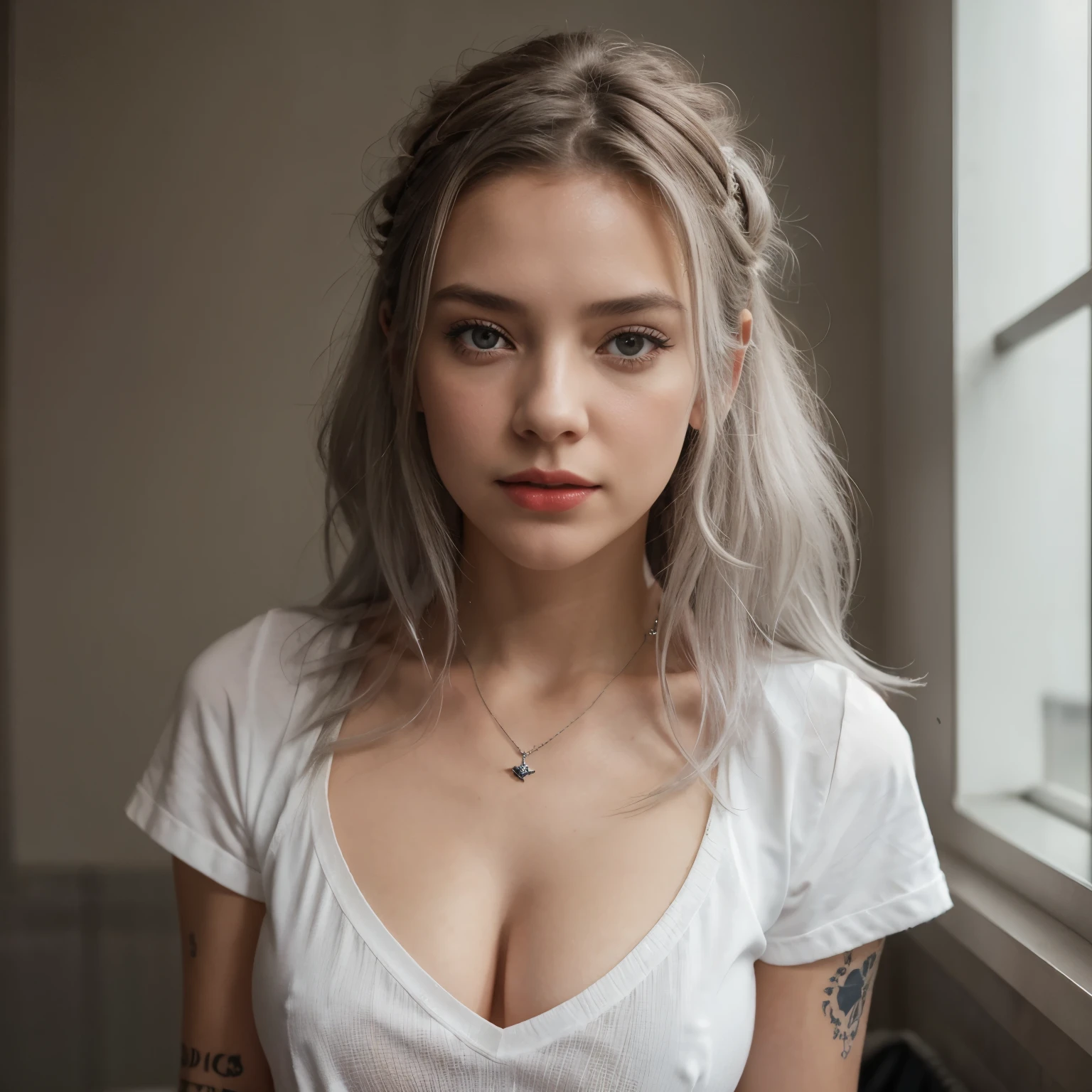 beautiful student girl,chef-d'artwork,light makeup,Red lips,Silver hair,long messy hair,Fond de rue,beau,Grace。ultra fine detail,travail,texture authentique,realistic film lighting,perfect travail,8K,HD,traits du visage exquis,Haut skinny à col roulé blanc,short skinny blanc,silhouette mince,de grands yeux brillants,,boucle d'oreille,Collier,Les tatouages sont