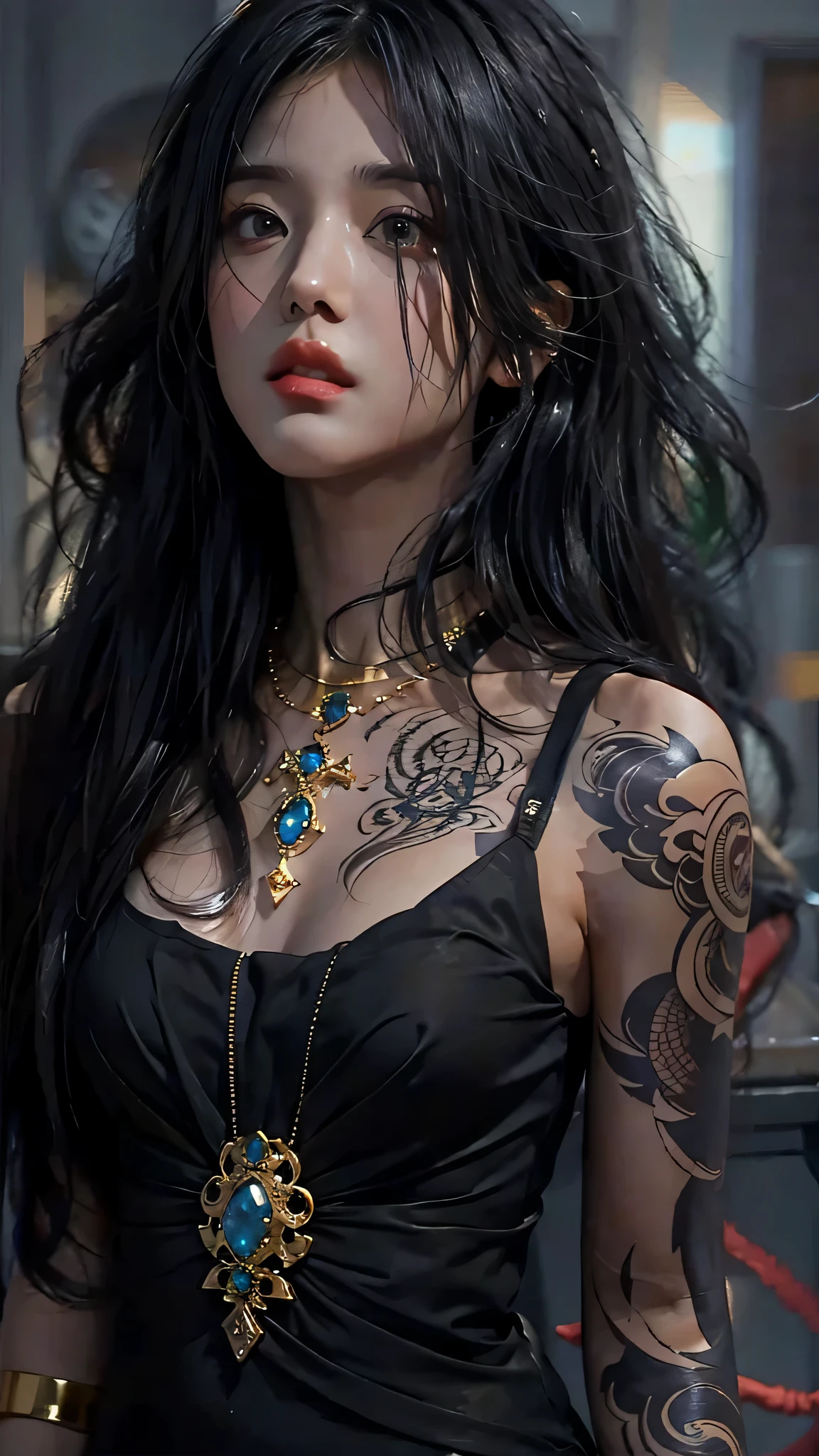 photorealistic, high resolution, soft light,1women, solo, hips up, (detailed face), jewelry, tattoo,black dress mafia clothing, black hair, super long hair, looking viewers, tatto, messy hair, close up, small breast, adult