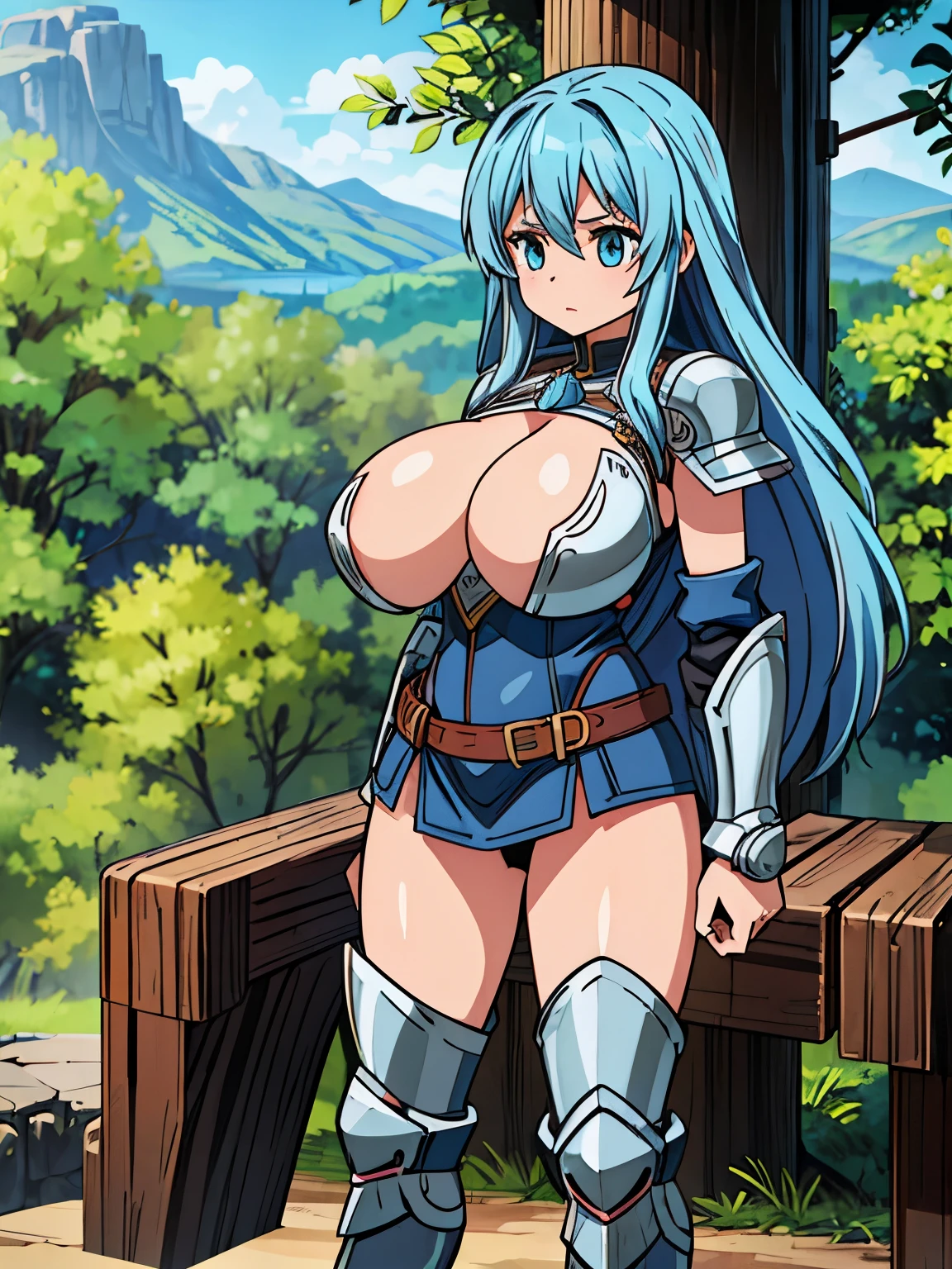 (girl), (long hair), (huge tits:1.2), (solo:1.2), (wild adventurer:1.2), (pauldrons greaves:1.2)