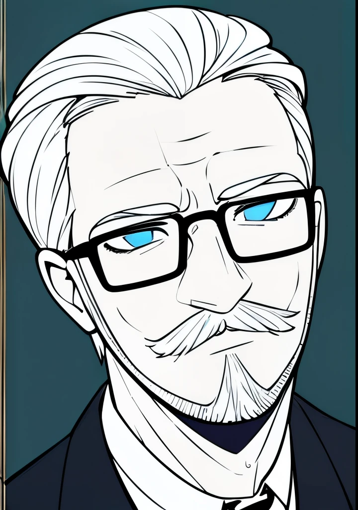 Slightly older Adult male, white and tender skin, pale blonde slicked back combed short hair, kaiser beard and mustache, steel blue eyes, green and slightly mature, serious and emotionless facial expression,wearing a black suit jacket, white collar shirt, black tie and suit pants and glasses, portrait style, facing forwards